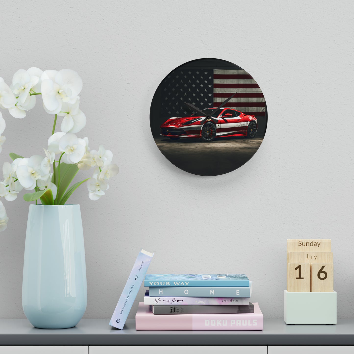 Acrylic Wall Clock American Flag Background Ferrari 1