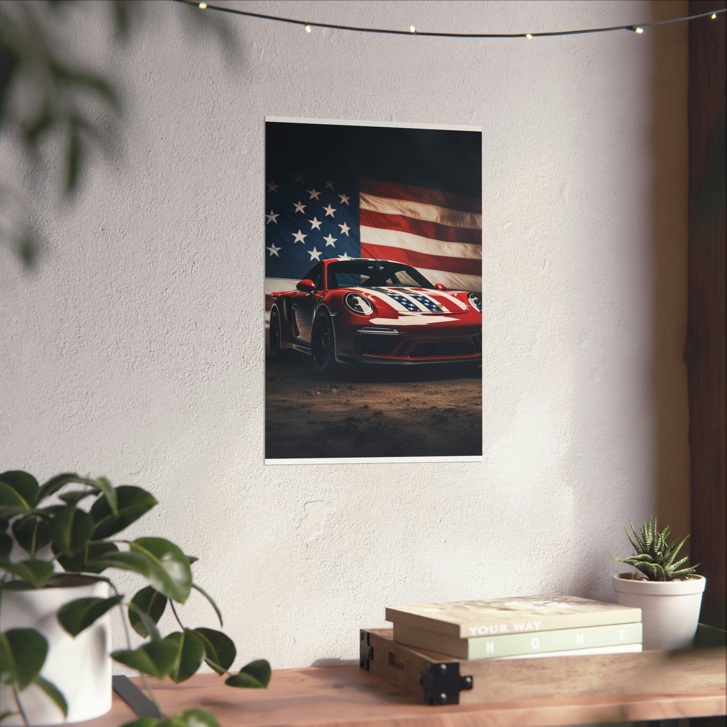 Premium Matte Vertical Posters American Flag Background Porsche 3