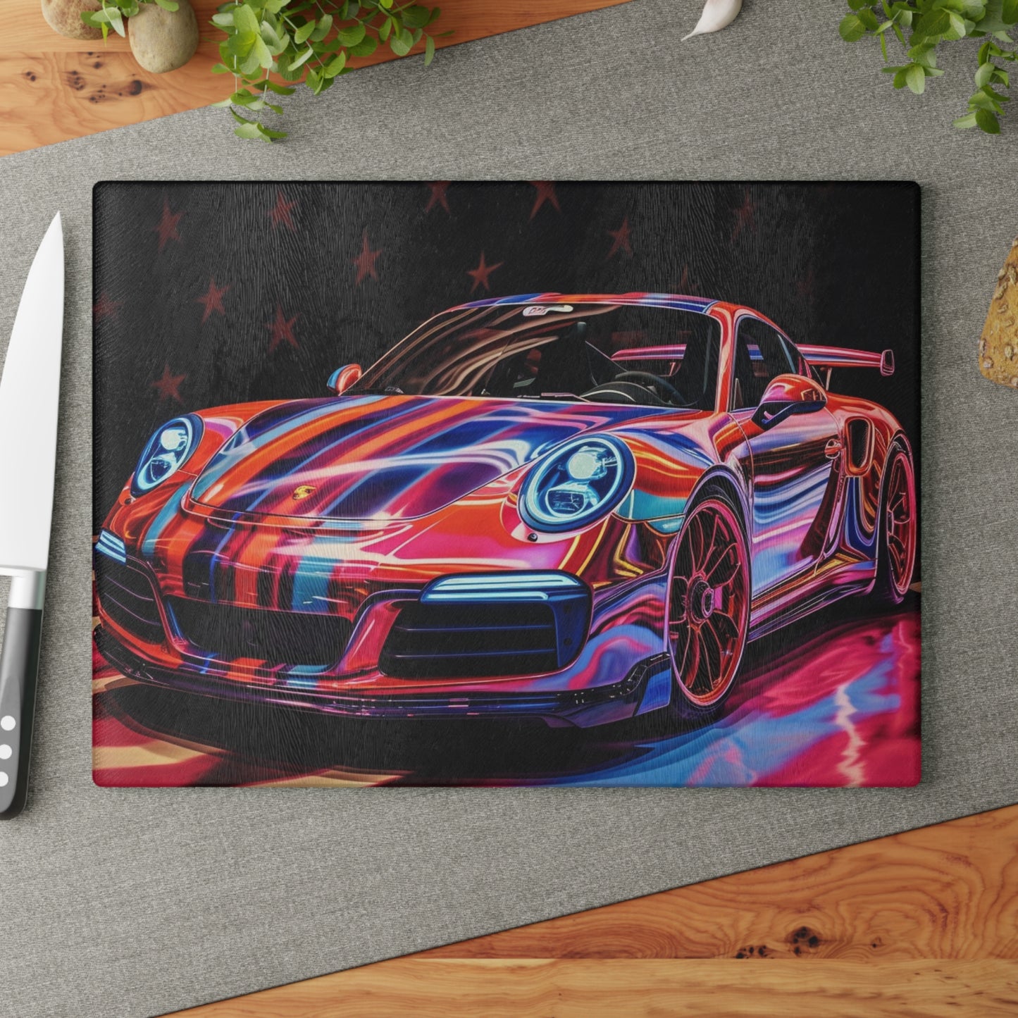 Glass Cutting Board American Flag Colored Porsche 3