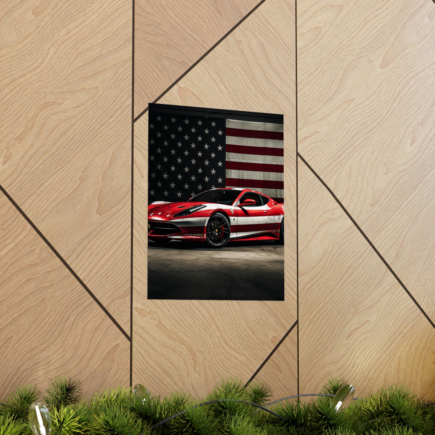 Premium Matte Vertical Posters American Flag Background Ferrari 1