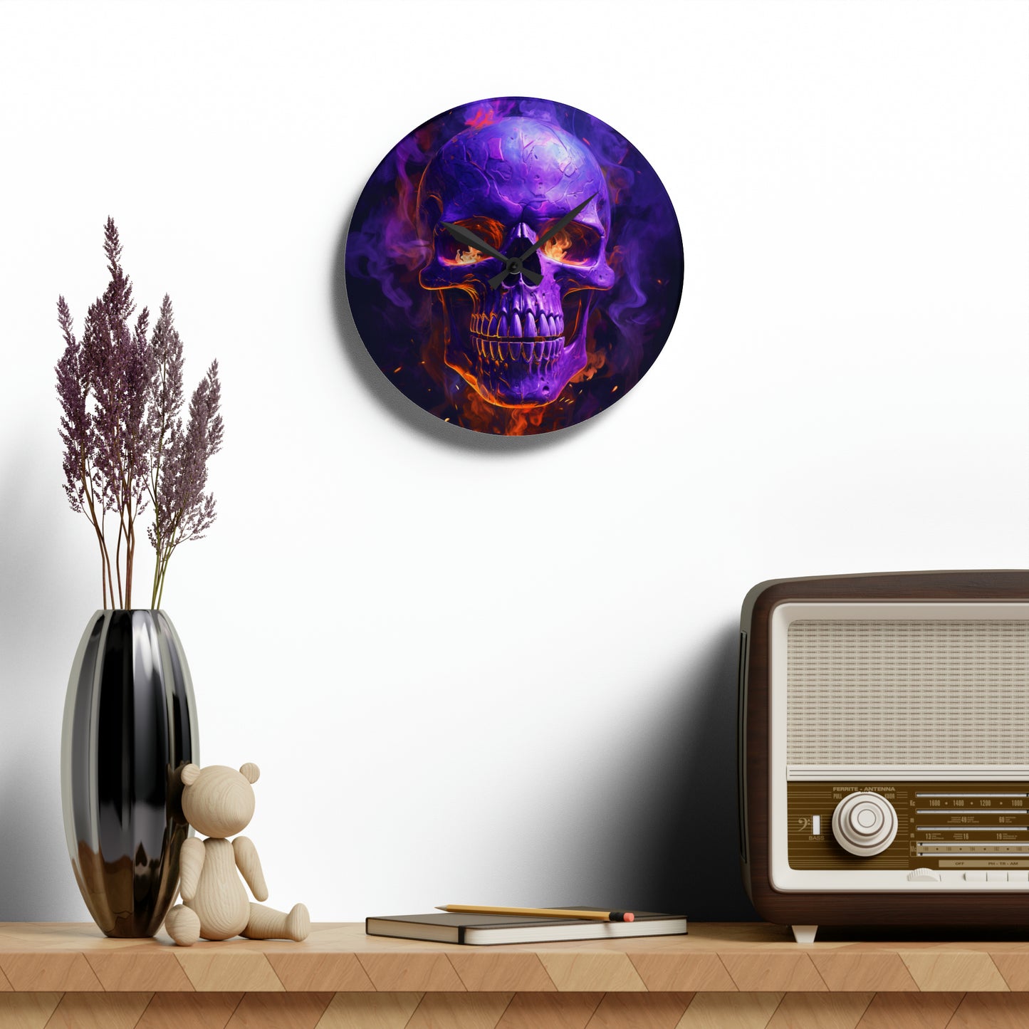 Acrylic Wall Clock Skull Flames 1