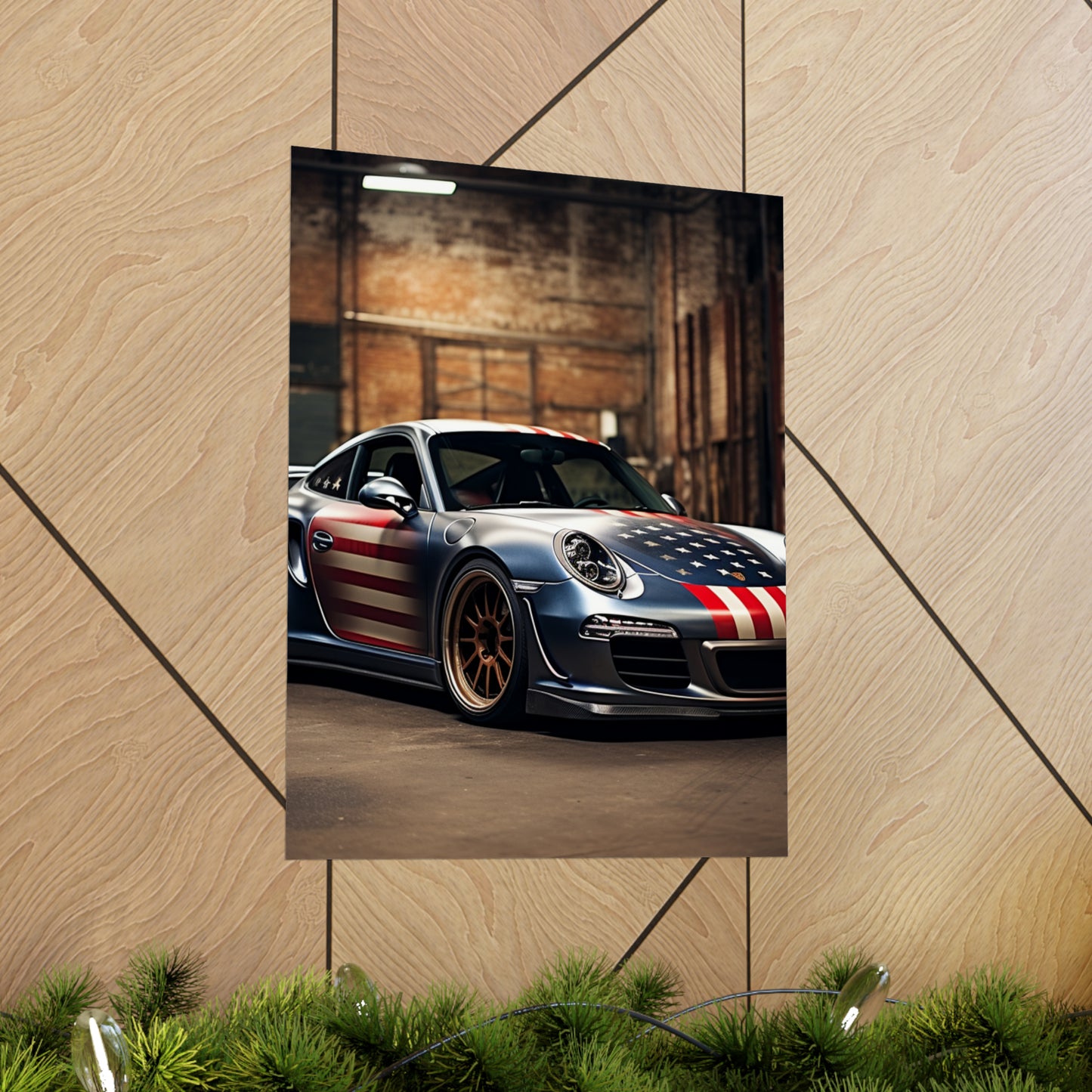 Premium Matte Vertical Posters American Flag Porsche 1