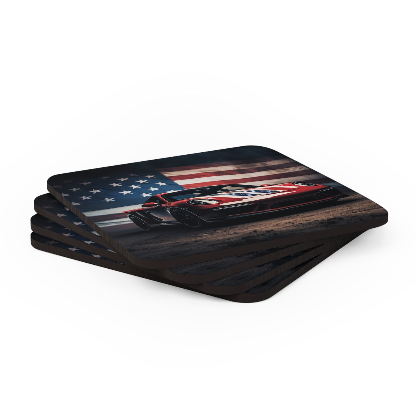 Corkwood Coaster Set American Flag Background Porsche 3