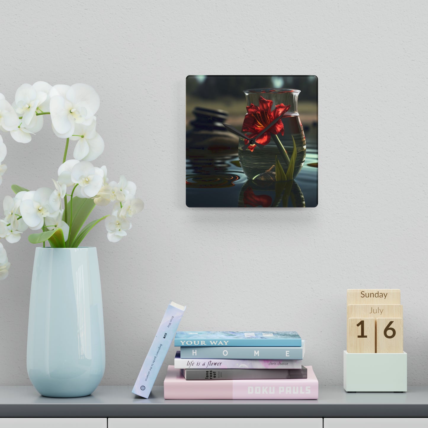 Acrylic Wall Clock Red Lily in a Glass vase 4