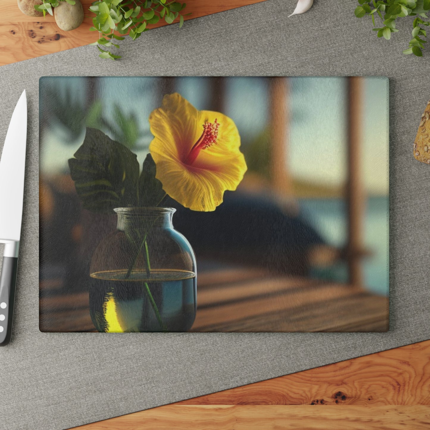 Glass Cutting Board Yellow Hibiscus Wood 2