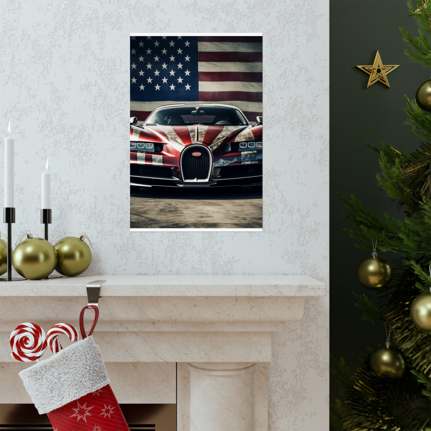 Premium Matte Vertical Posters American Flag Background Bugatti 3