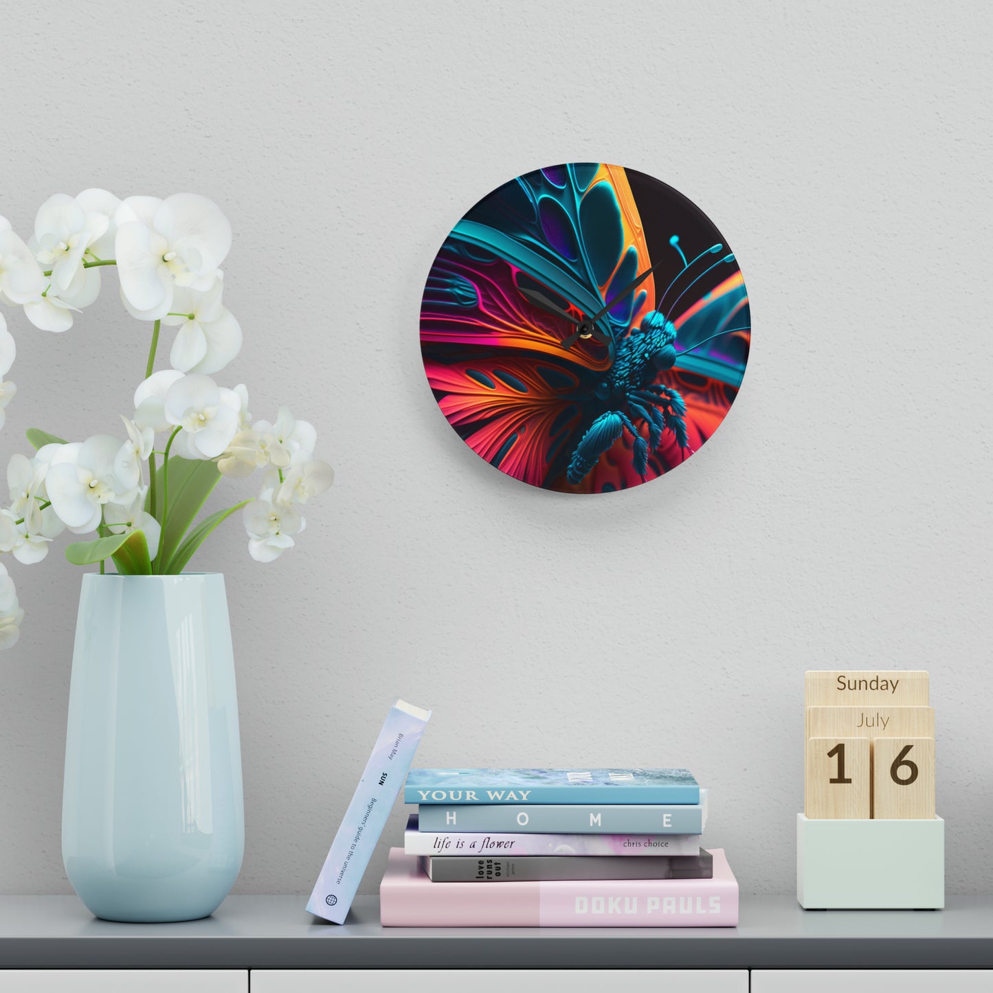 Acrylic Wall Clock Neon Butterfly Macro 4