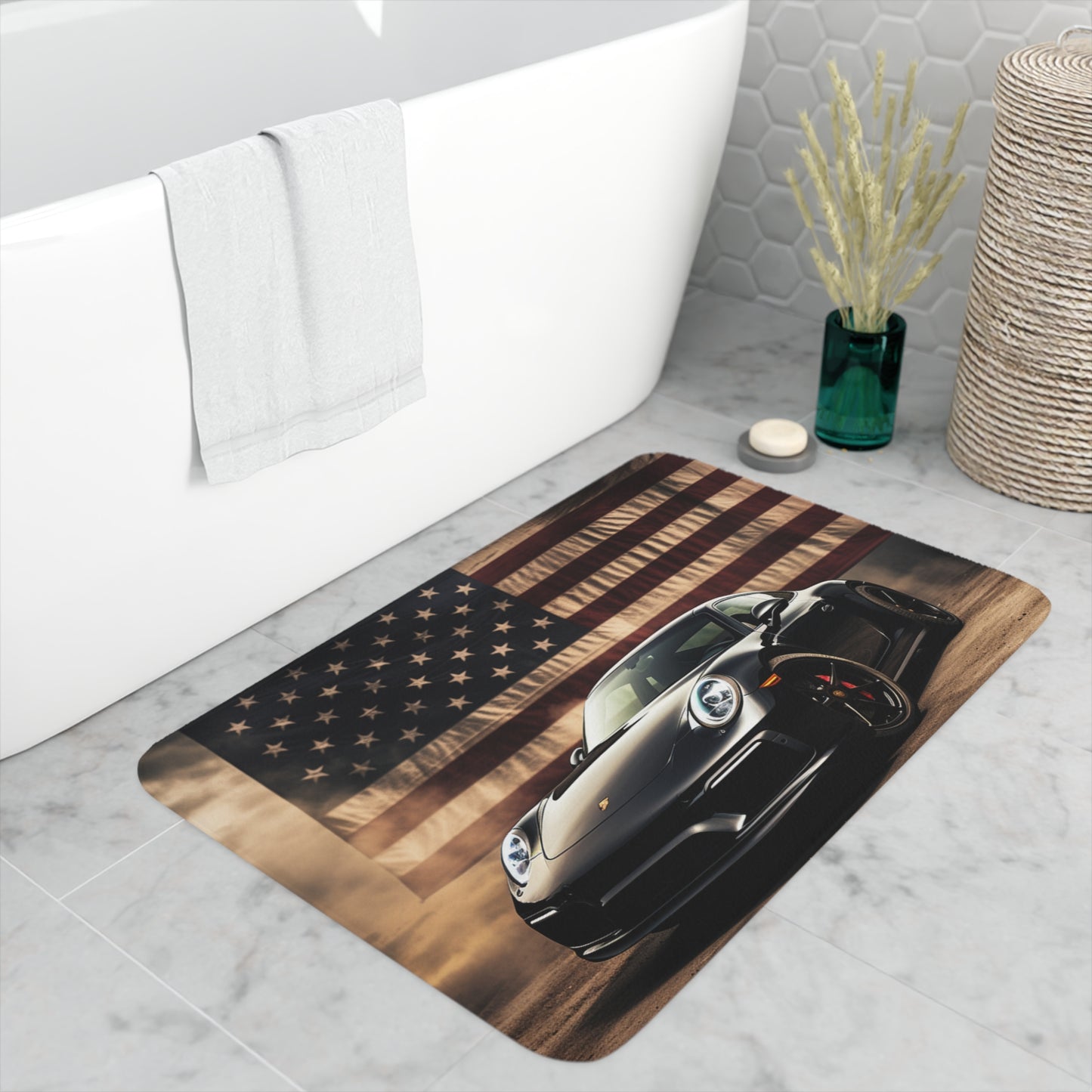 Memory Foam Bath Mat American Flag Background Porsche 4