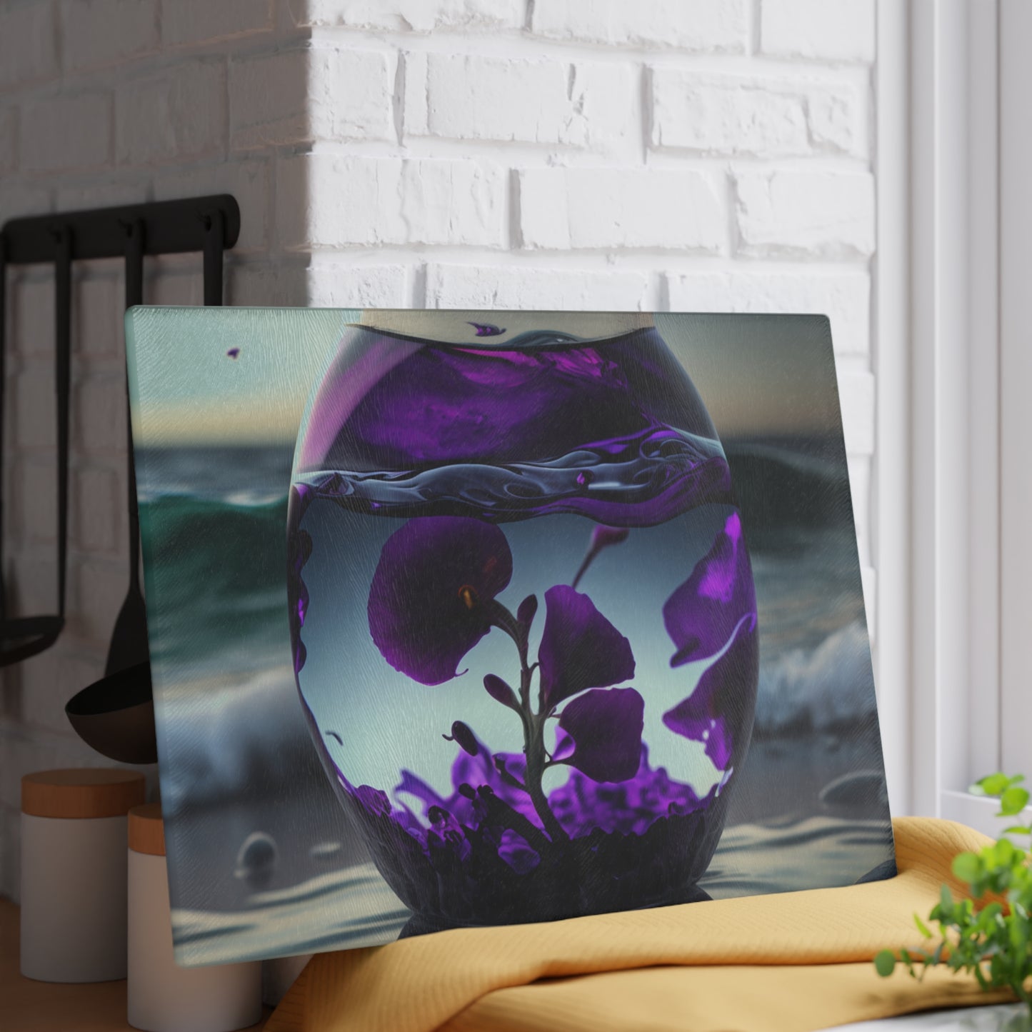 Glass Cutting Board Purple Sweet pea in a vase 4