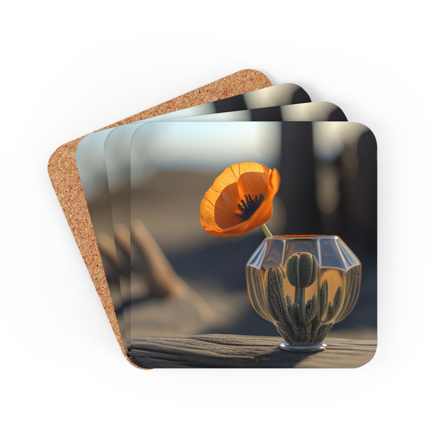 Corkwood Coaster Set Orange Poppy in a Vase 2