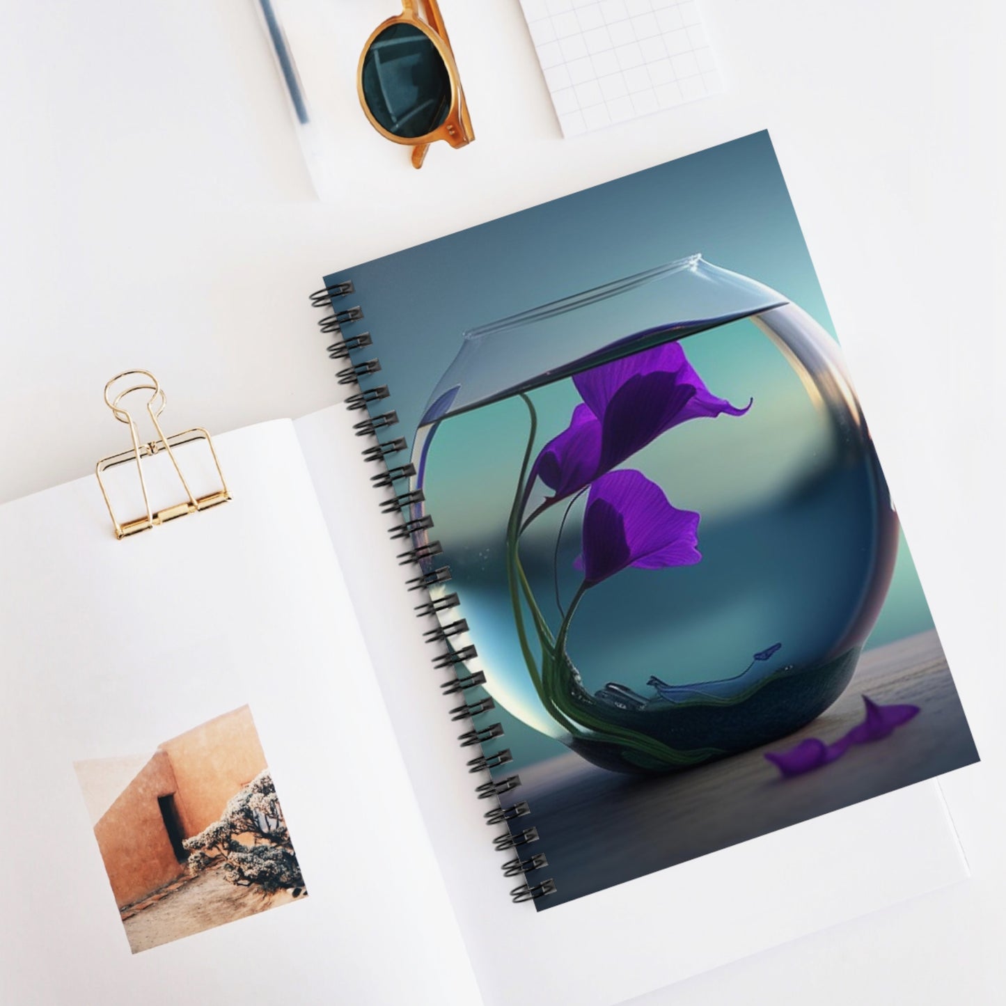 Spiral Notebook - Ruled Line Purple Sweet pea in a vase 2