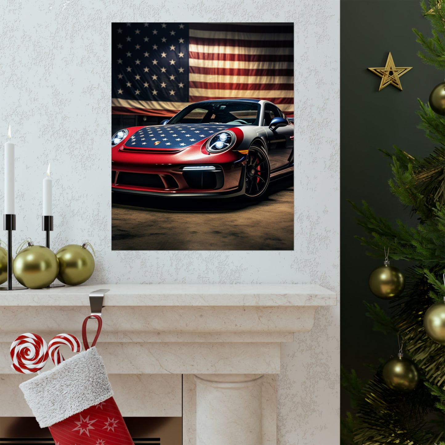 Premium Matte Vertical Posters American Flag Background Porsche 1