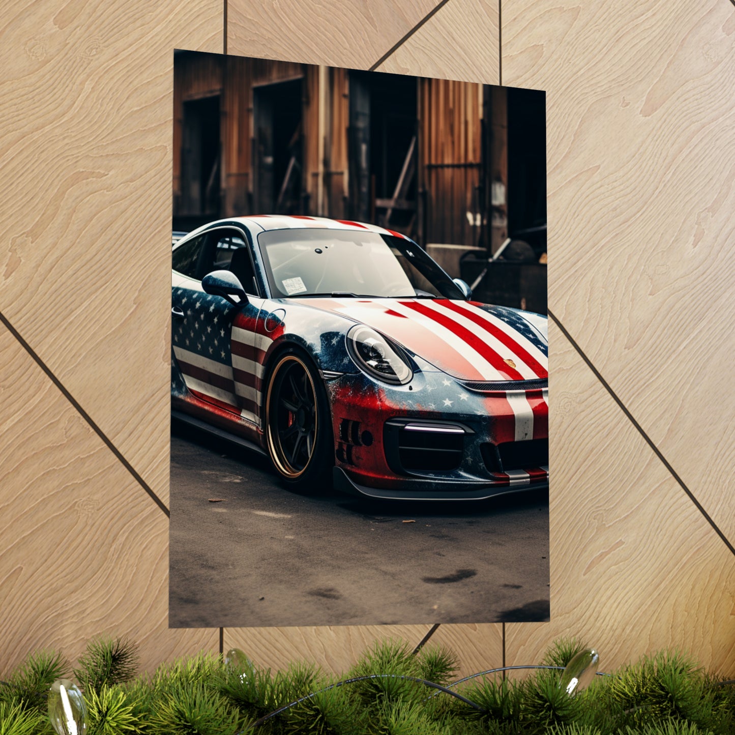 Premium Matte Vertical Posters American Flag Porsche 3