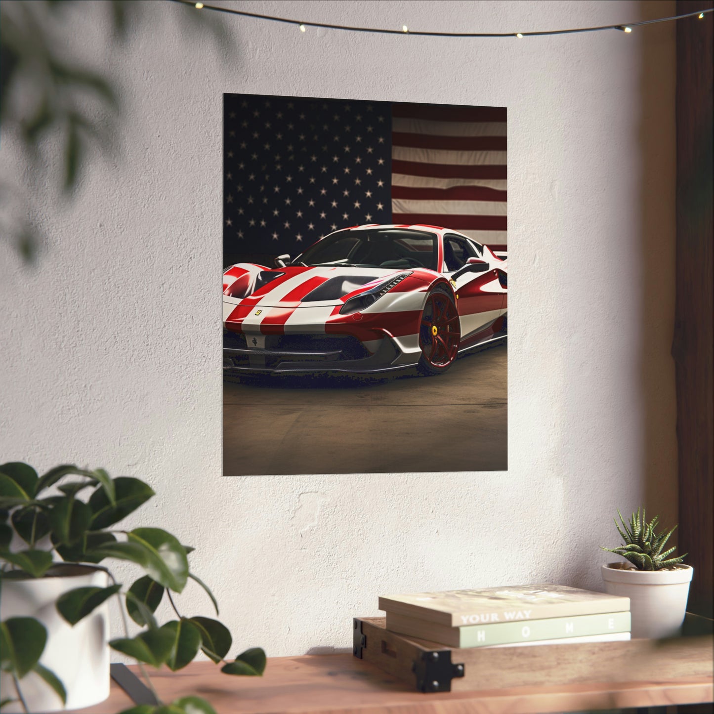 Premium Matte Vertical Posters American Flag Background Ferrari 2