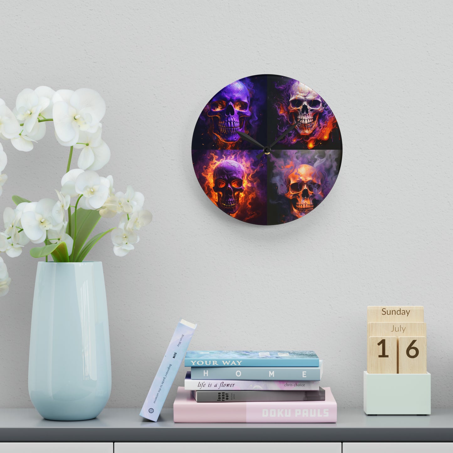 Acrylic Wall Clock Skull Flames 5