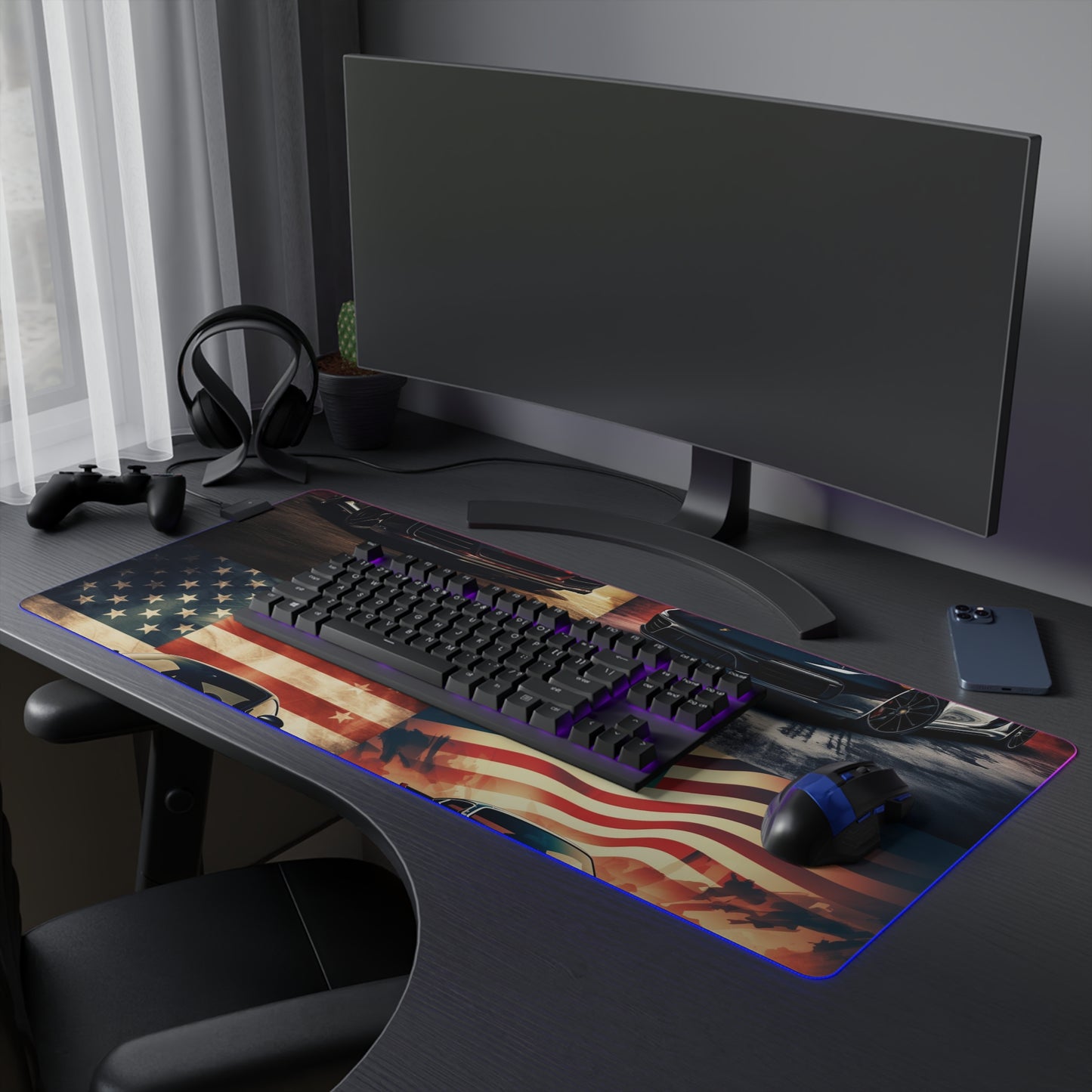 LED Gaming Mouse Pad Abstract American Flag Background Porsche 5