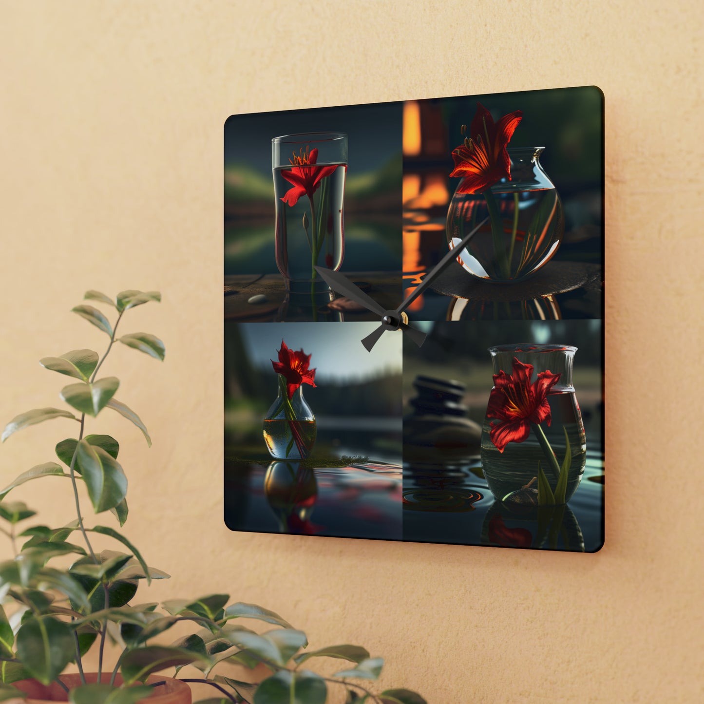 Acrylic Wall Clock Red Lily in a Glass vase 5