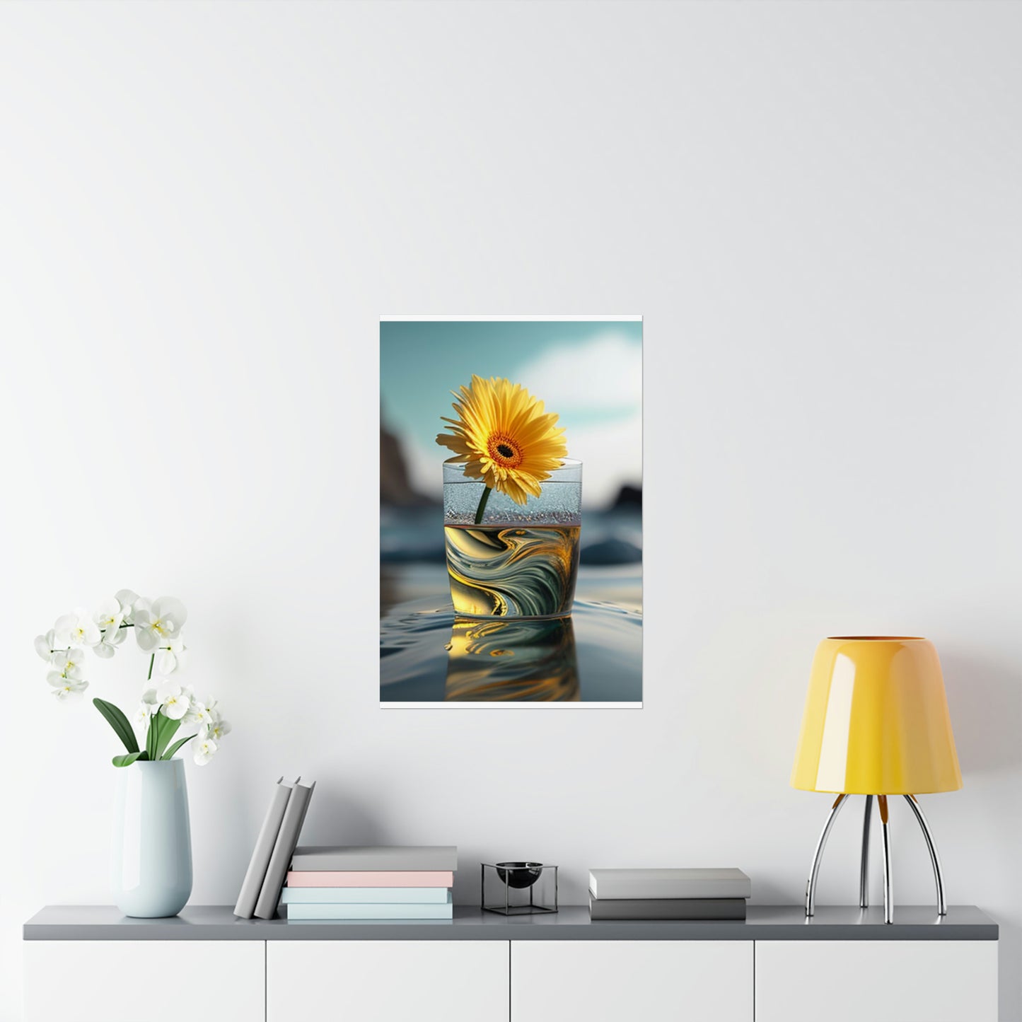 Premium Matte Vertical Posters yello Gerbera glass 2