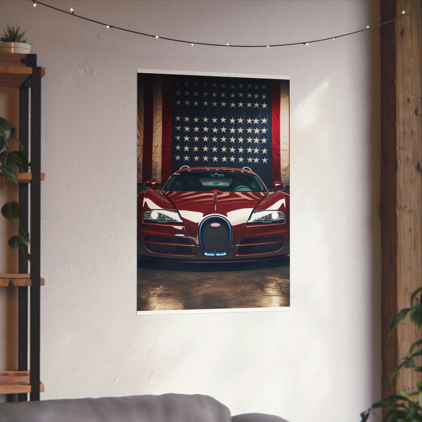 Premium Matte Vertical Posters American Flag Background Bugatti 1