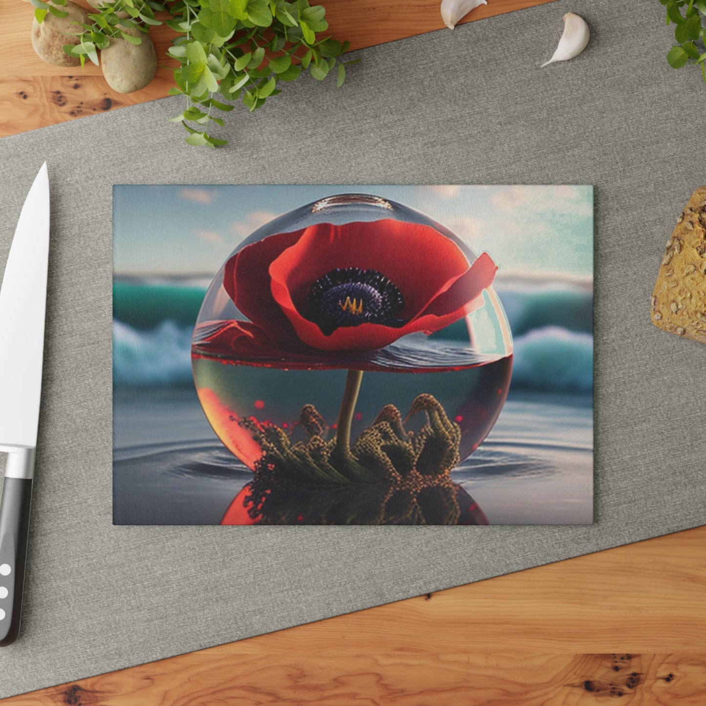 Glass Cutting Board Red Anemone in a Vase 4