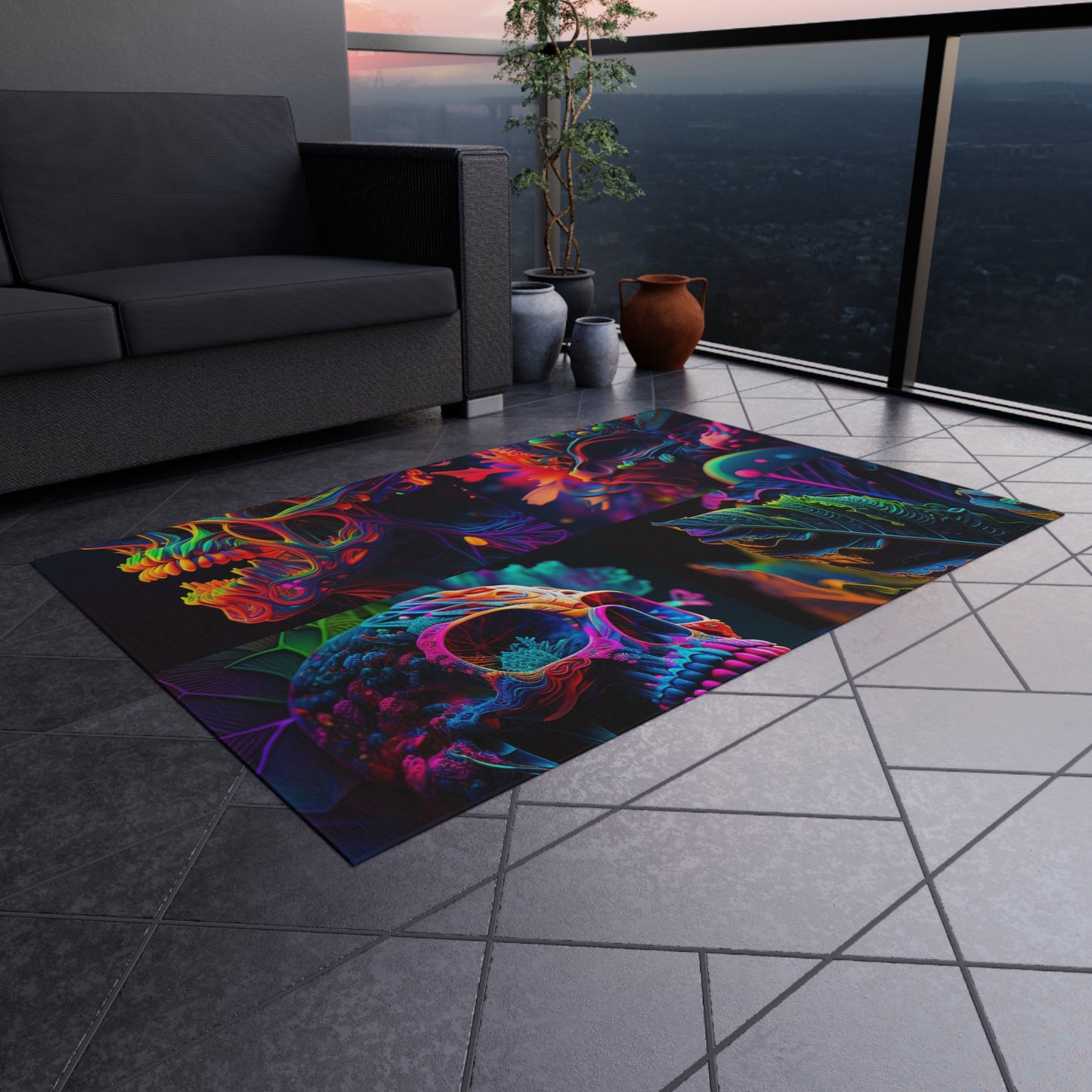 Outdoor Rug  Florescent Skull Death 5