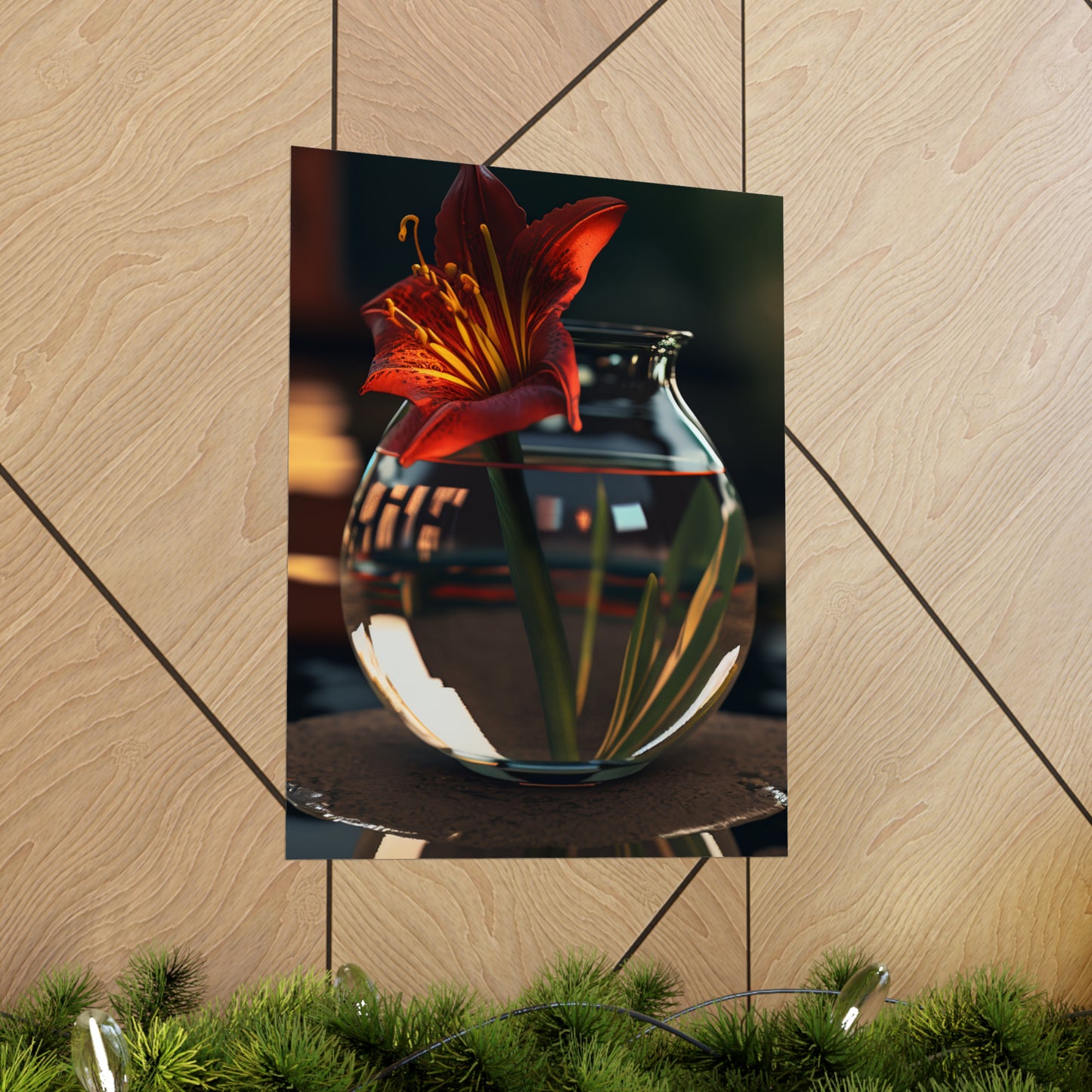 Premium Matte Vertical Posters Red Lily in a Glass vase 2