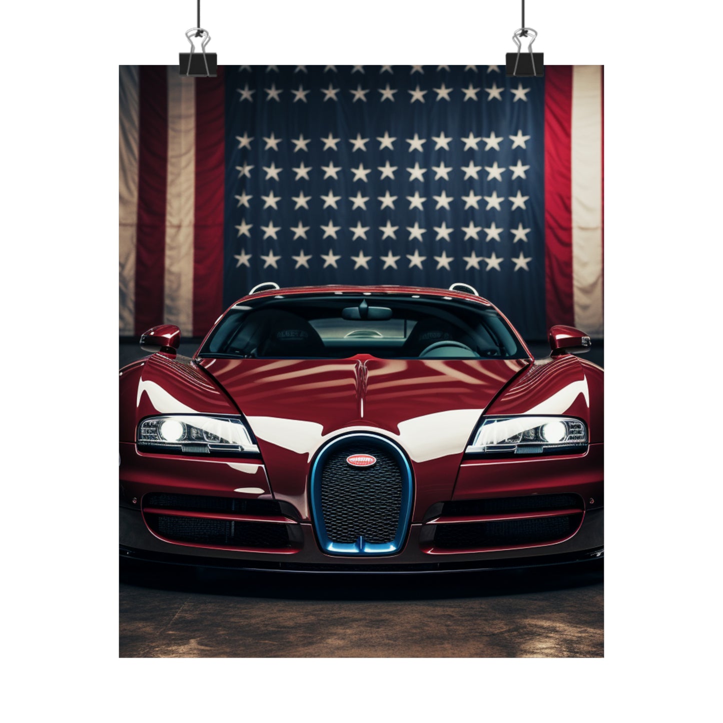 Premium Matte Vertical Posters American Flag Background Bugatti 1