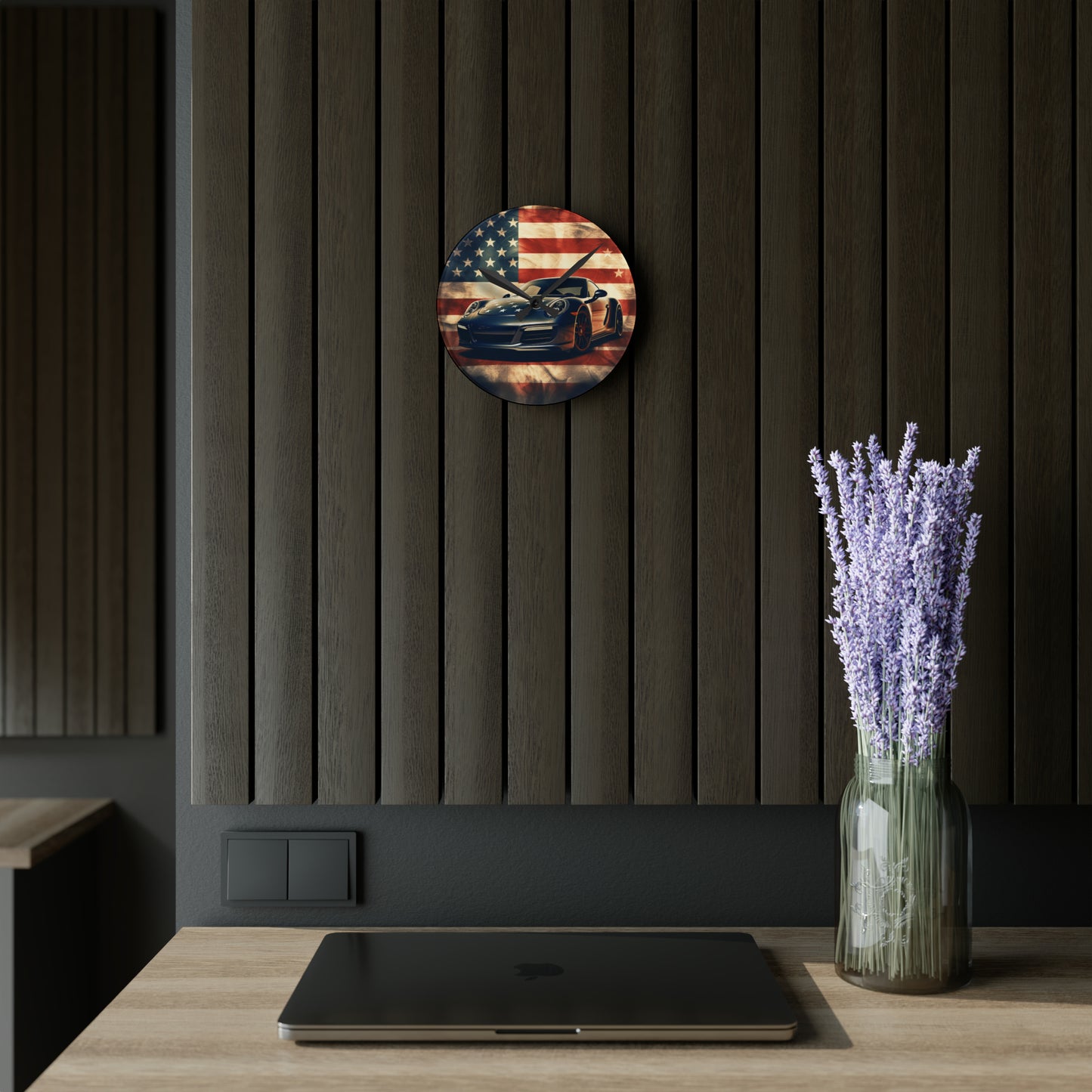 Acrylic Wall Clock Abstract American Flag Background Porsche 3