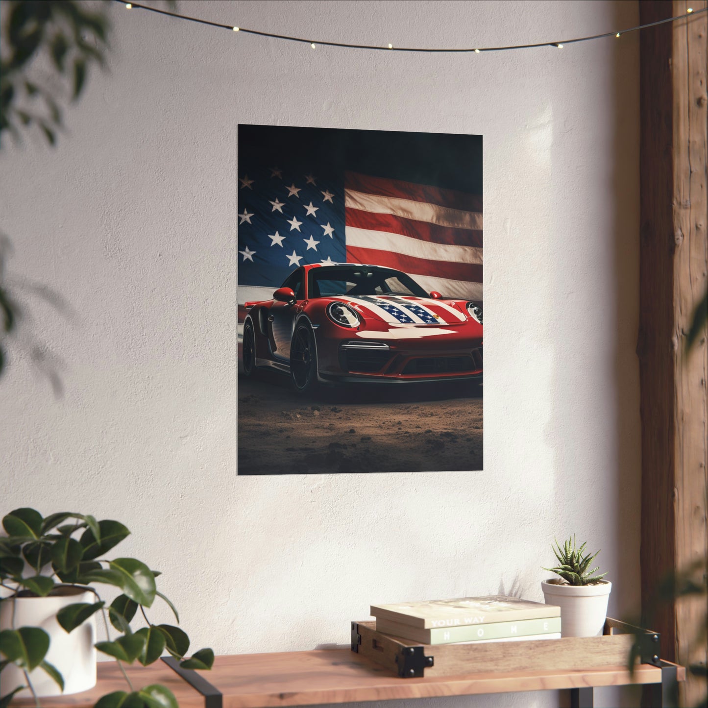 Premium Matte Vertical Posters American Flag Background Porsche 3