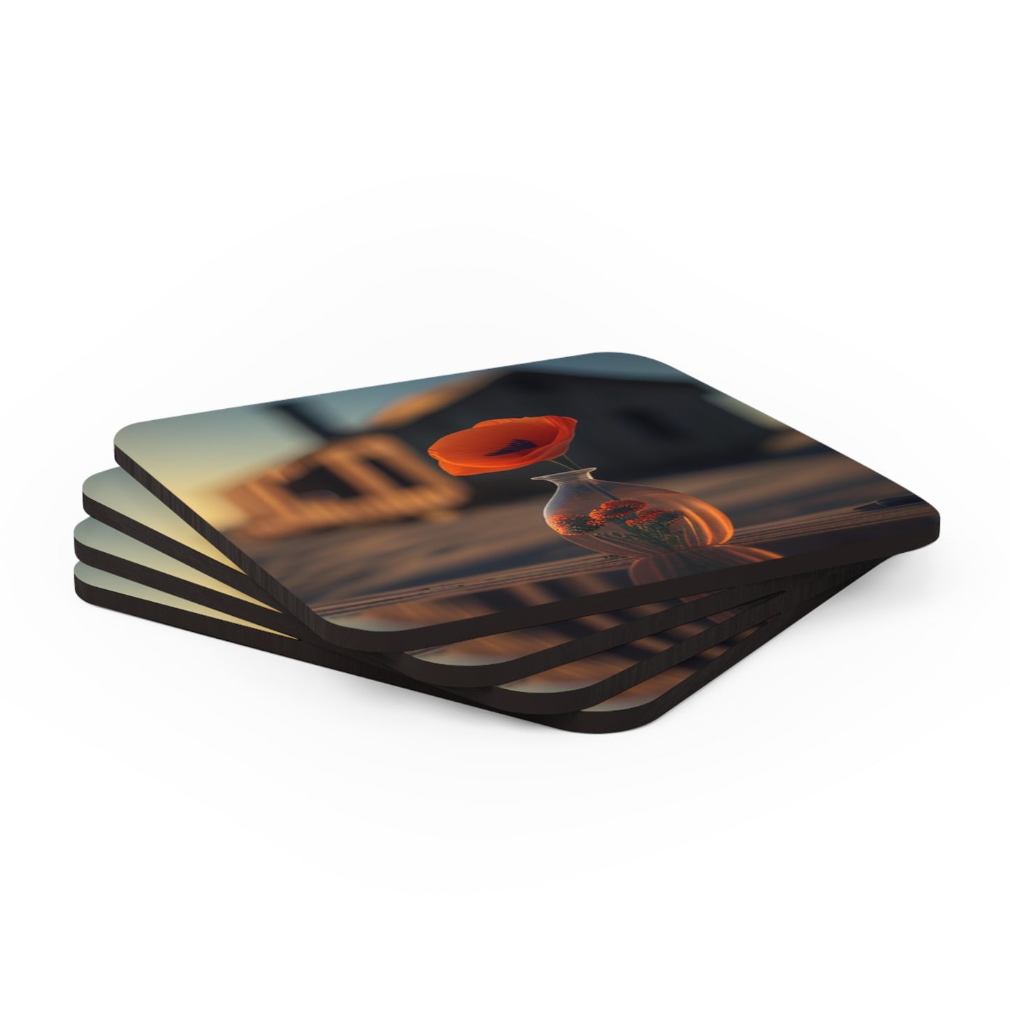 Corkwood Coaster Set Orange Poppy in a Vase 3