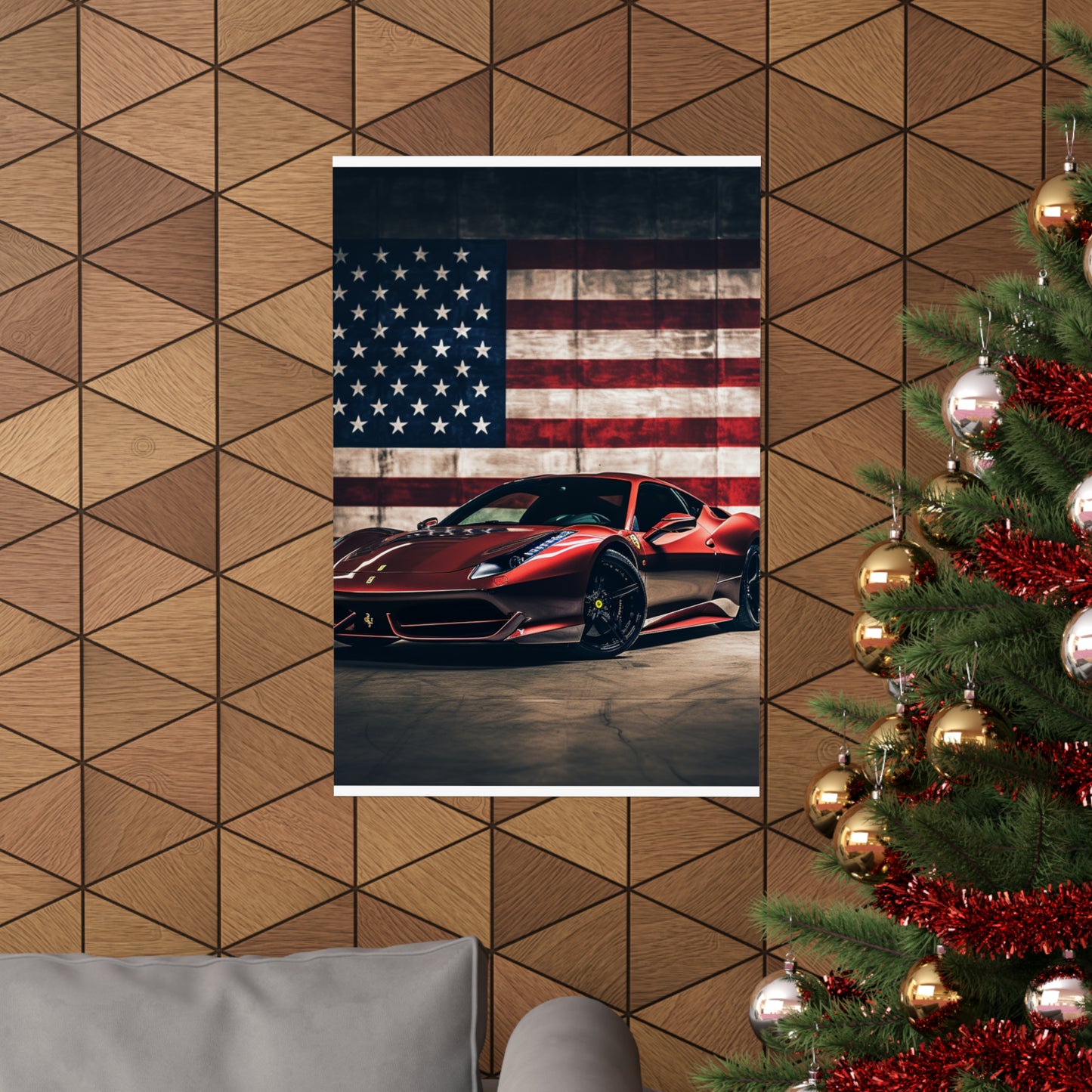 Premium Matte Vertical Posters American Flag Background Ferrari 4