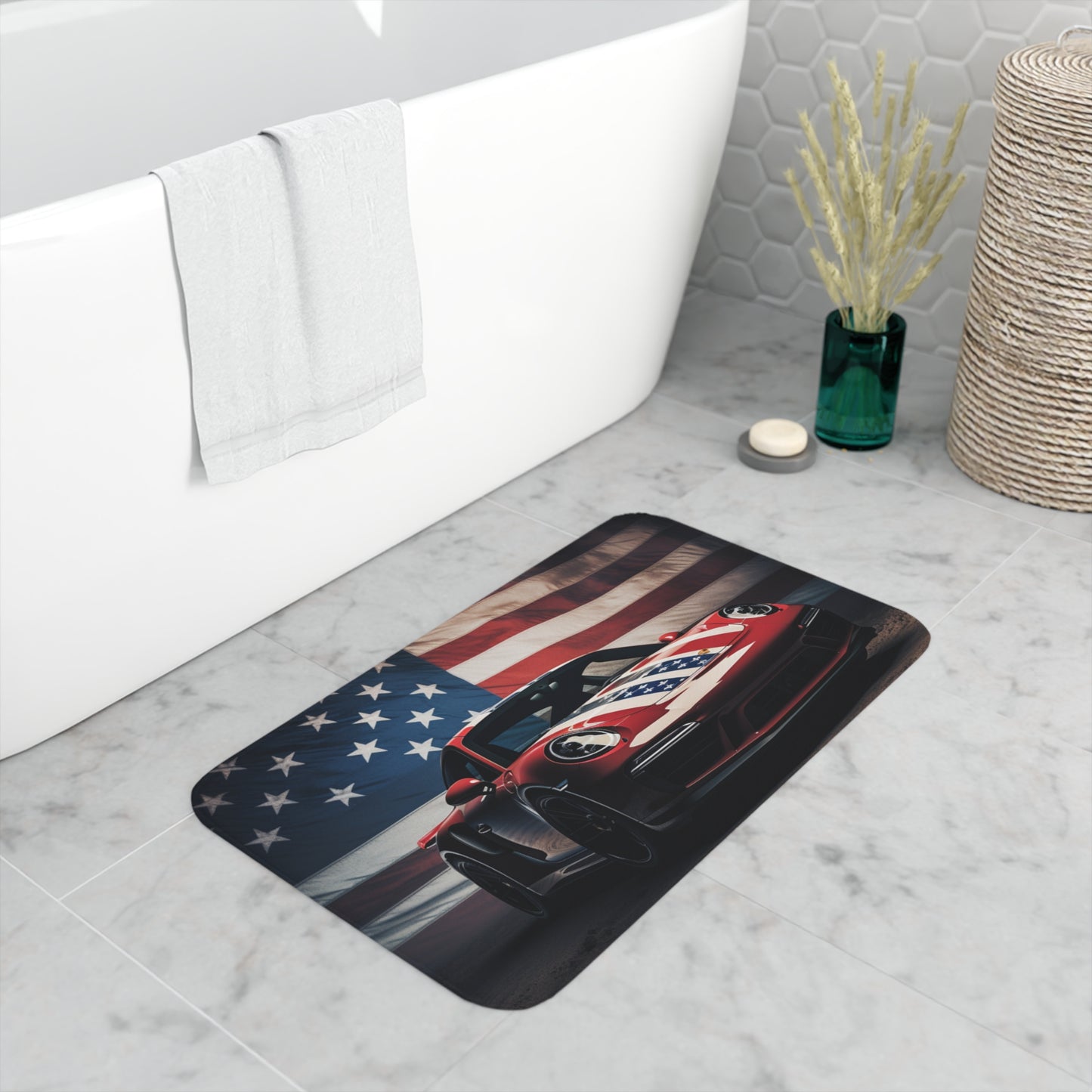 Memory Foam Bath Mat American Flag Background Porsche 3