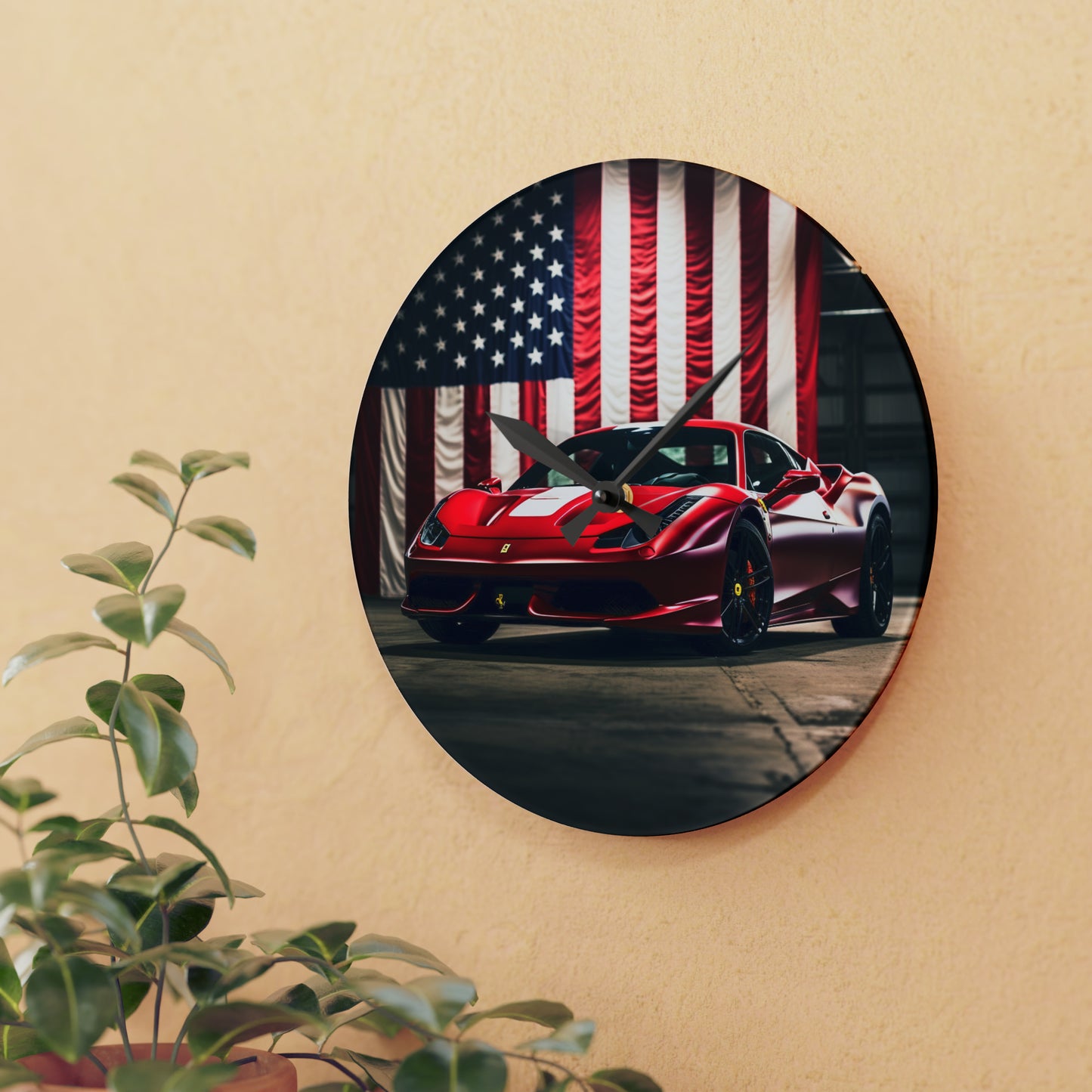 Acrylic Wall Clock American Flag Background Ferrari 3