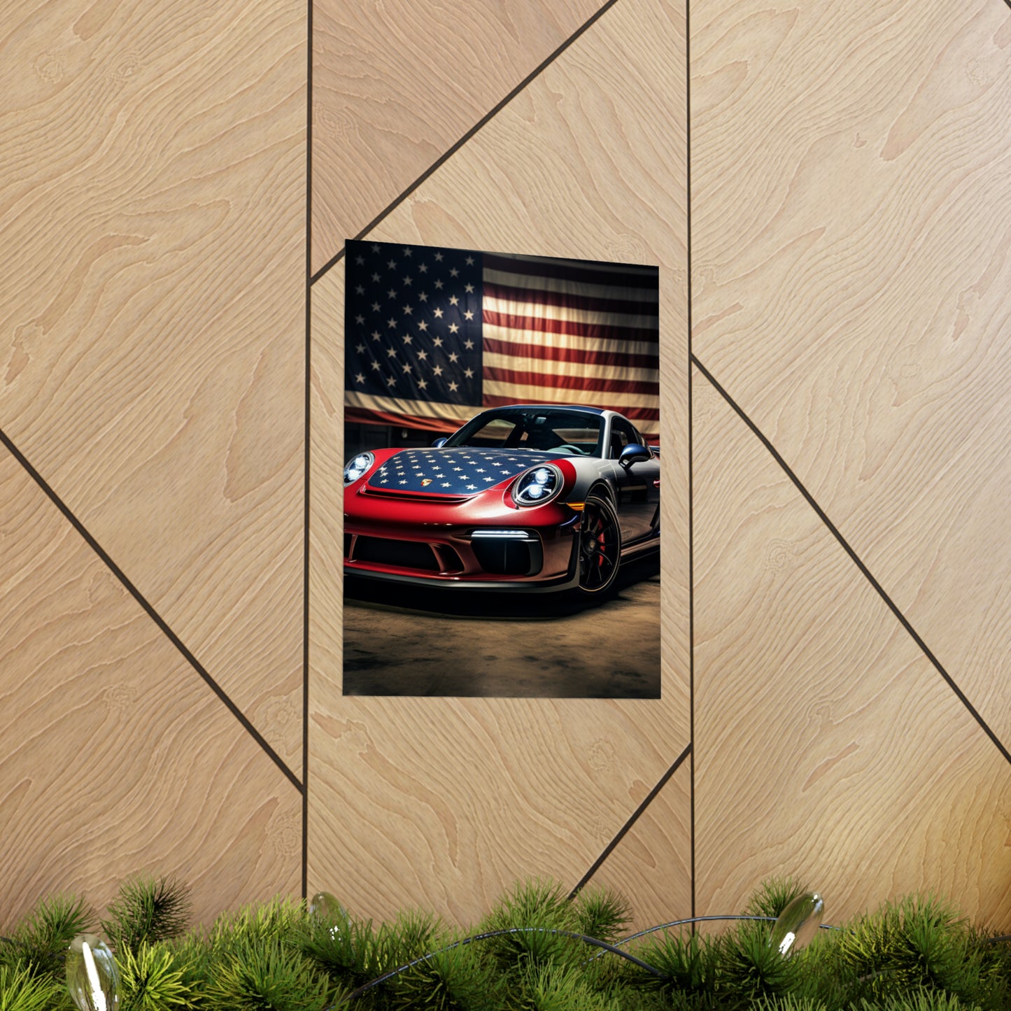 Premium Matte Vertical Posters American Flag Background Porsche 1