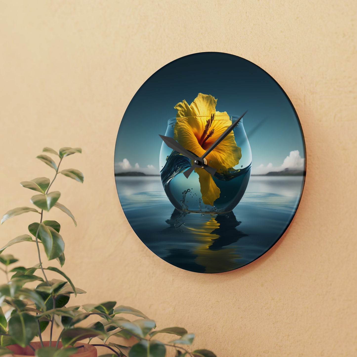 Acrylic Wall Clock Yellow Hibiscus glass 4