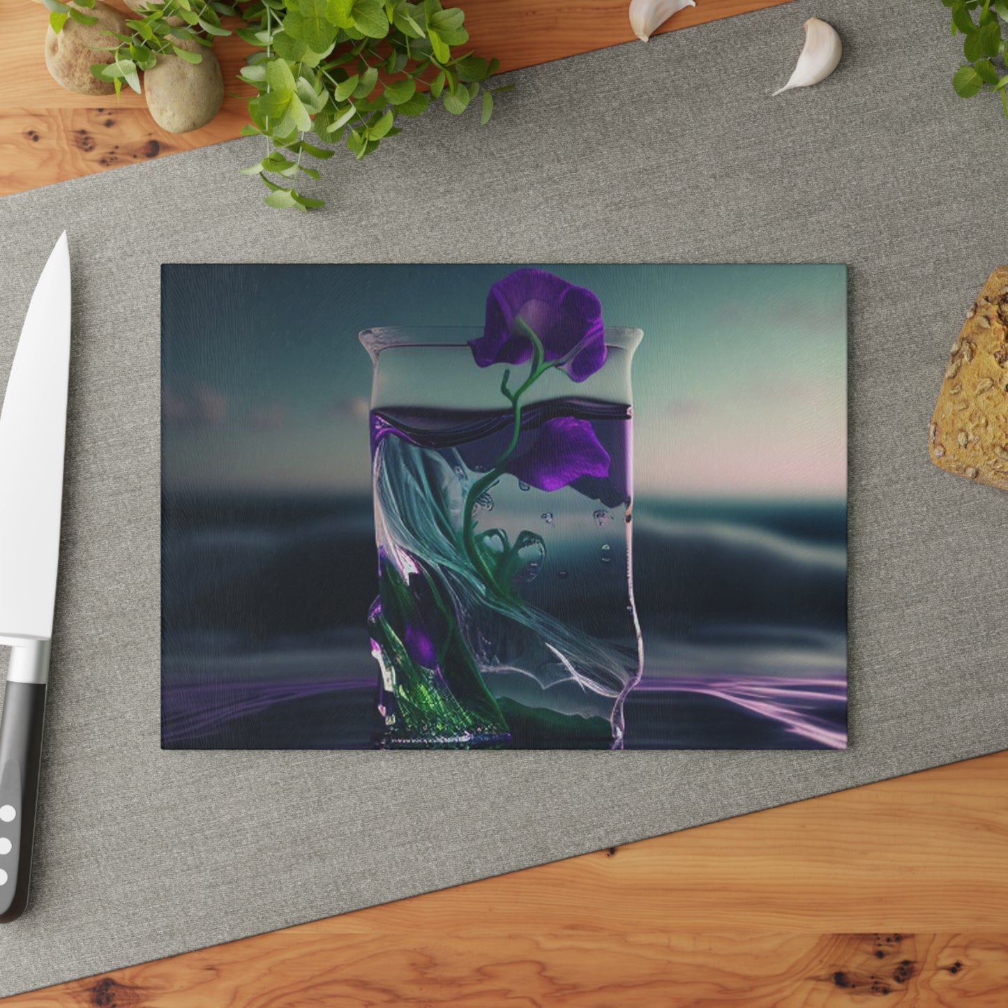 Glass Cutting Board Purple Sweet pea in a vase 3