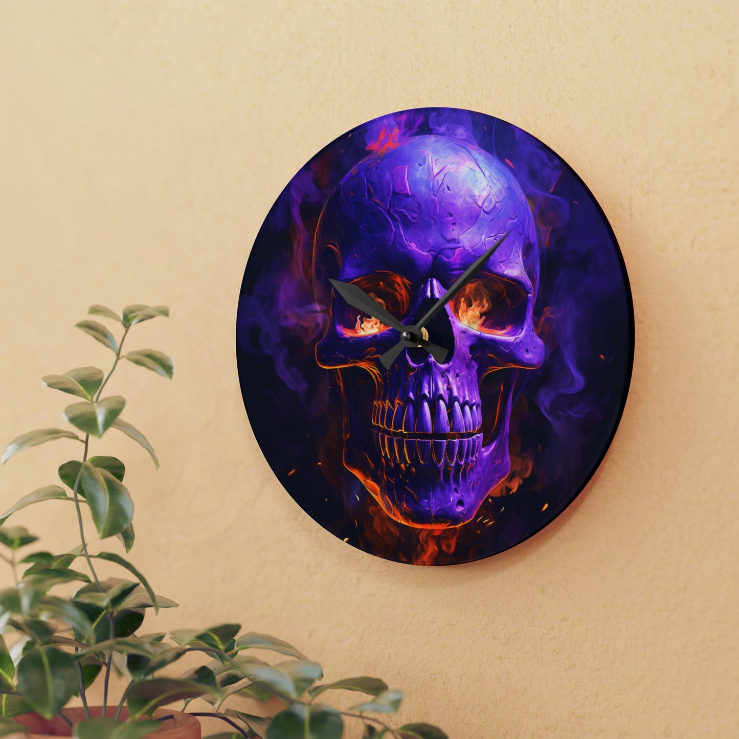 Acrylic Wall Clock Skull Flames 1