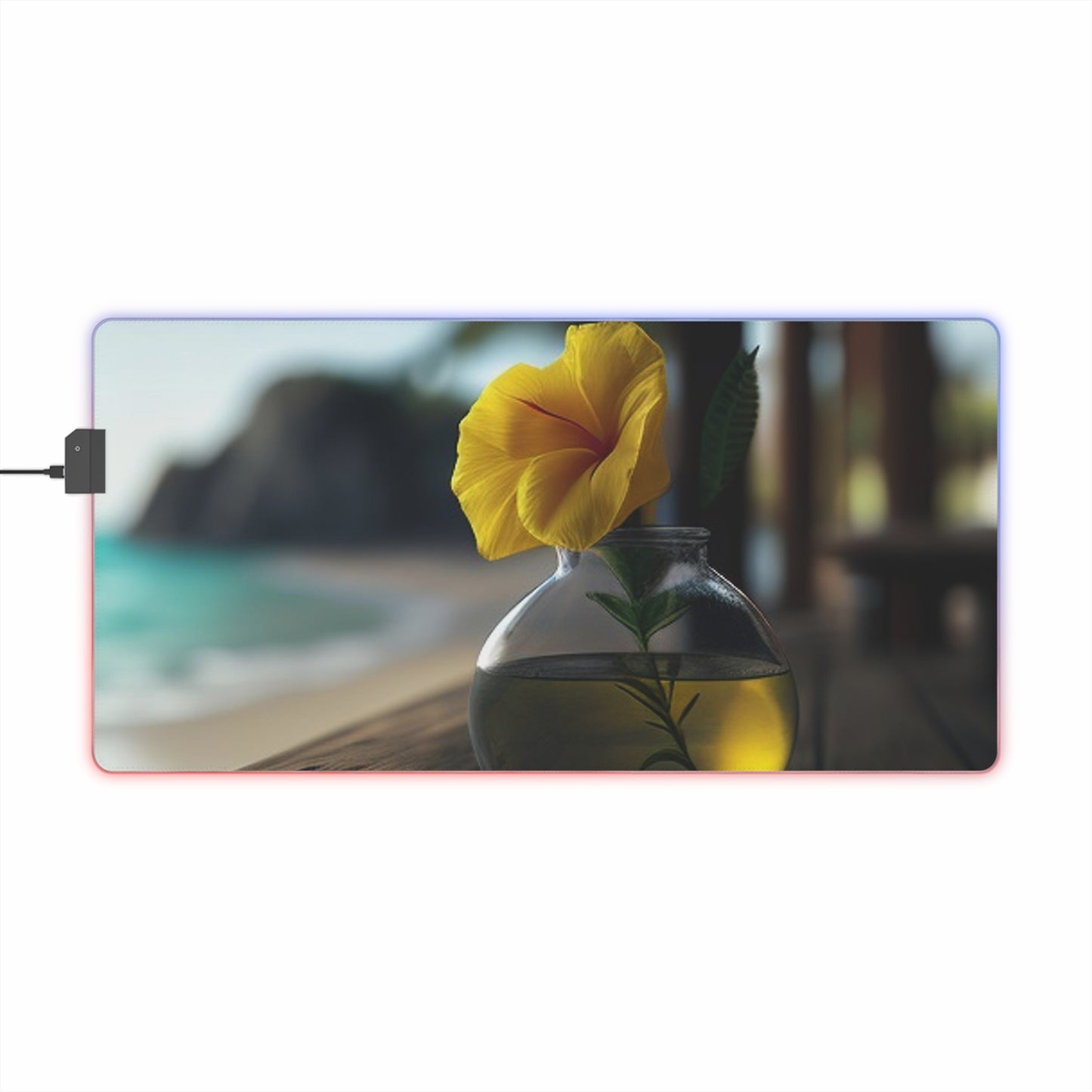 LED Gaming Mouse Pad Yellow Hibiscus Wood 3