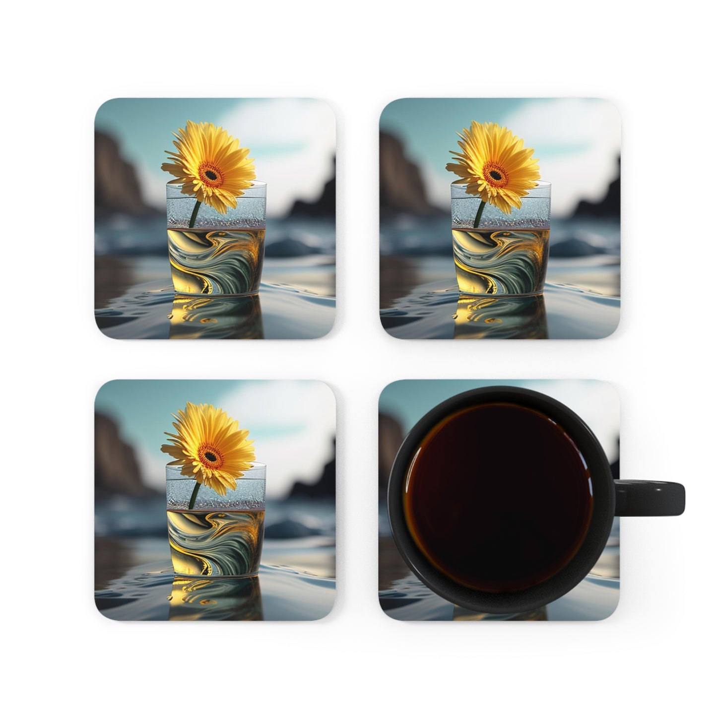 Corkwood Coaster Set yello Gerbera glass 2