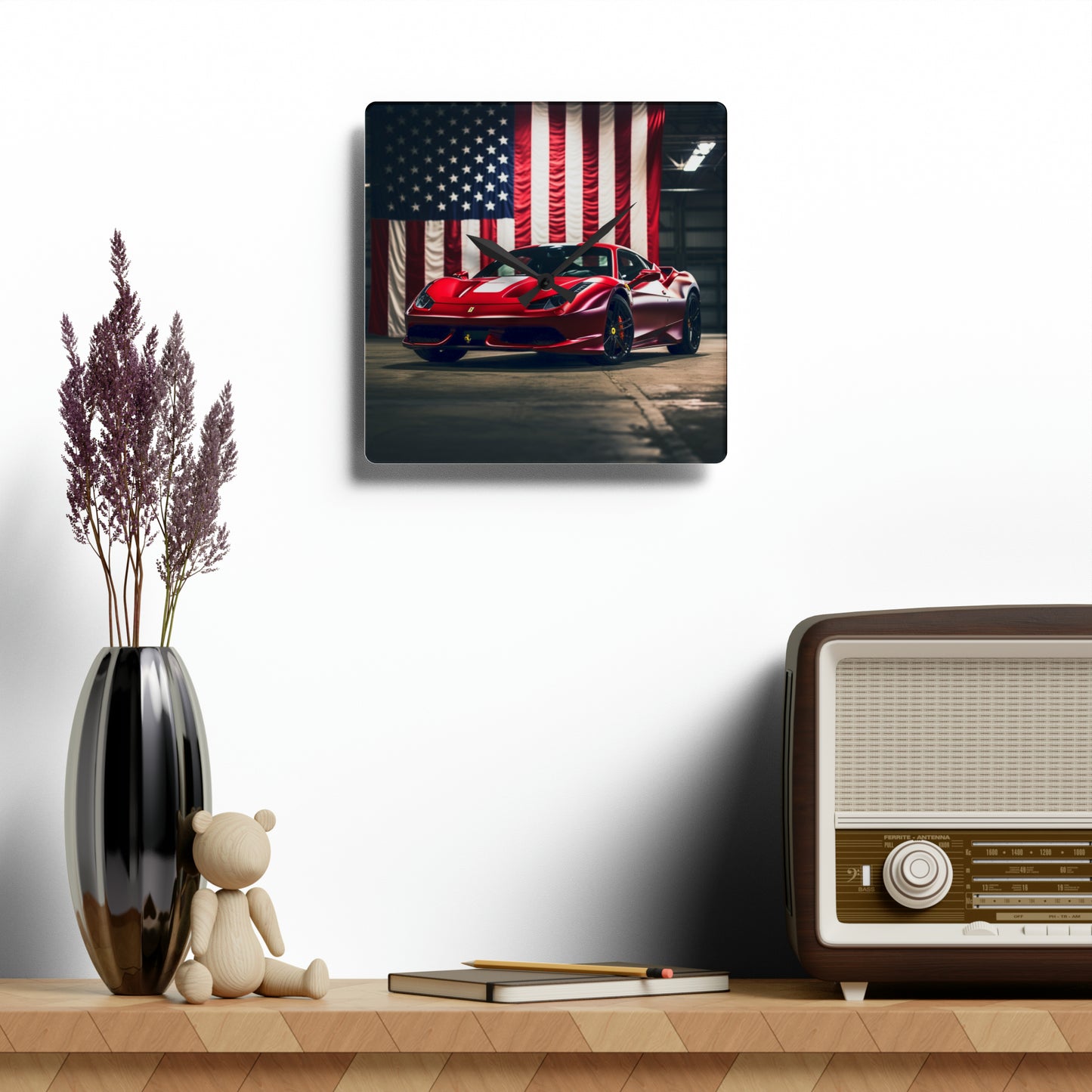 Acrylic Wall Clock American Flag Background Ferrari 3