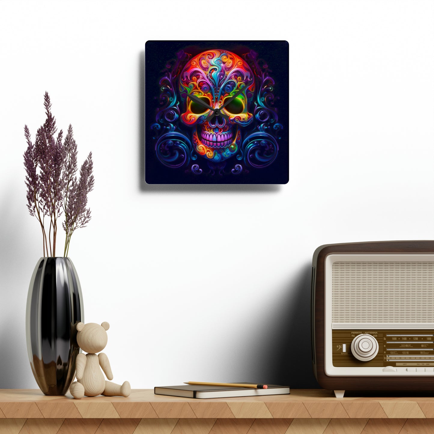 Acrylic Wall Clock Macro Skull Color 2