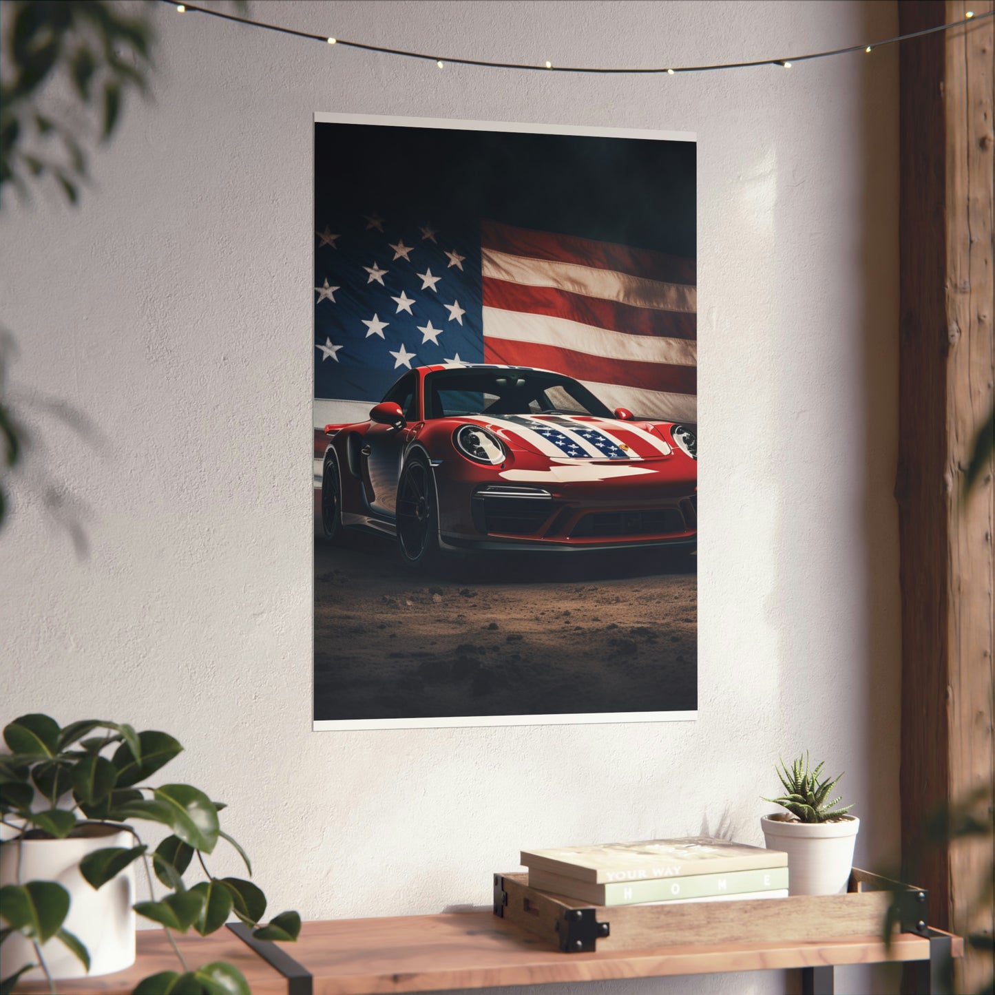 Premium Matte Vertical Posters American Flag Background Porsche 3