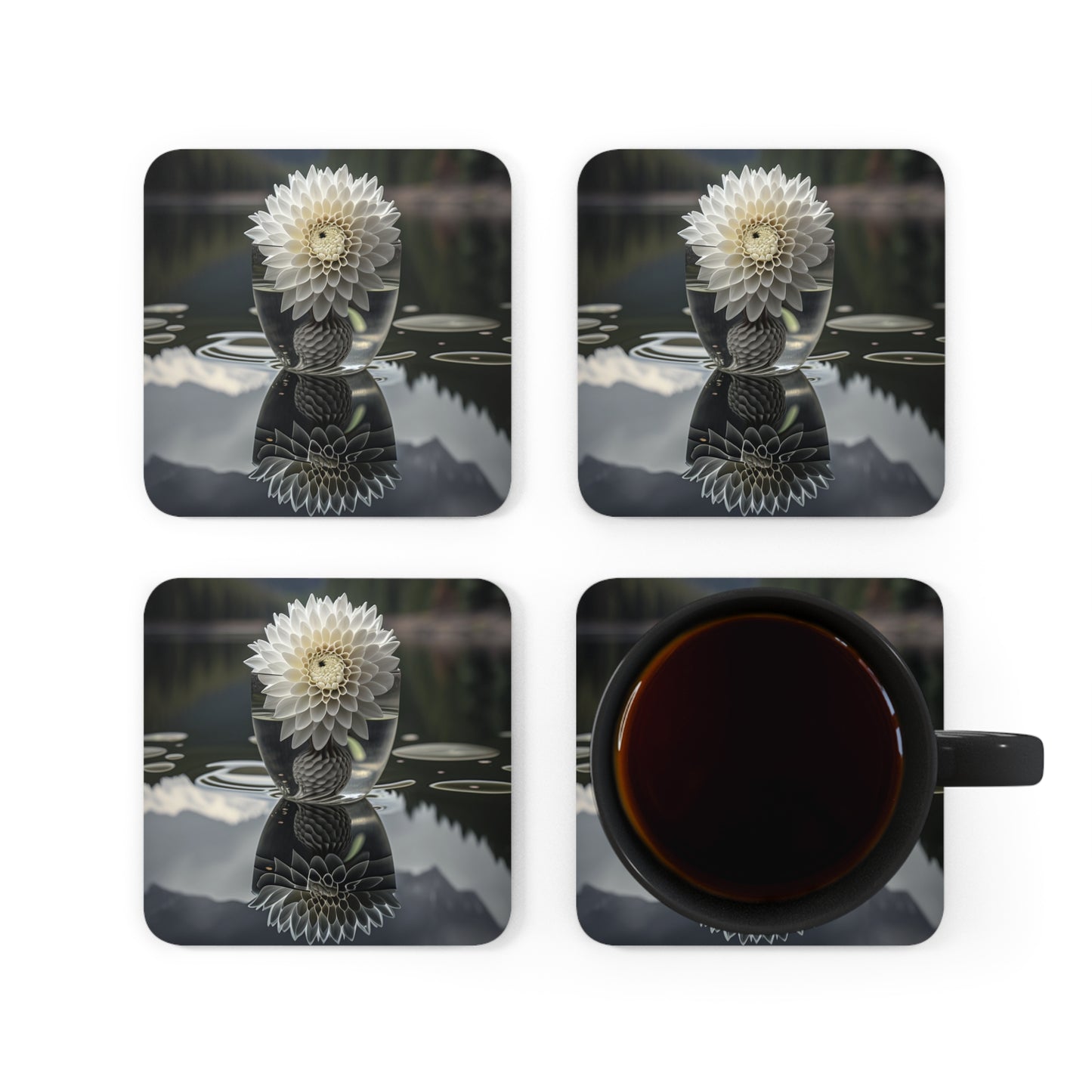 Corkwood Coaster Set White Dahlia 3