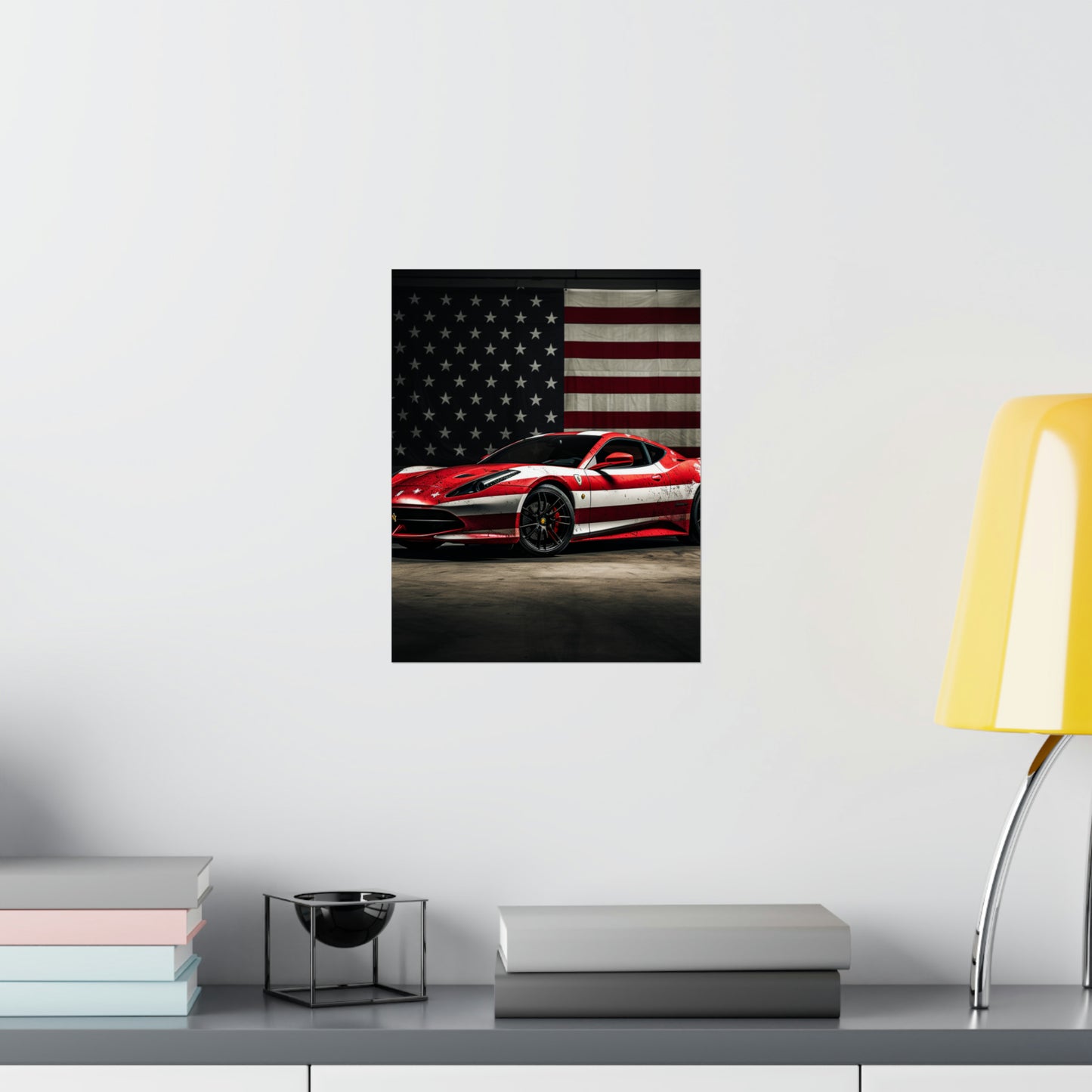 Premium Matte Vertical Posters American Flag Background Ferrari 1