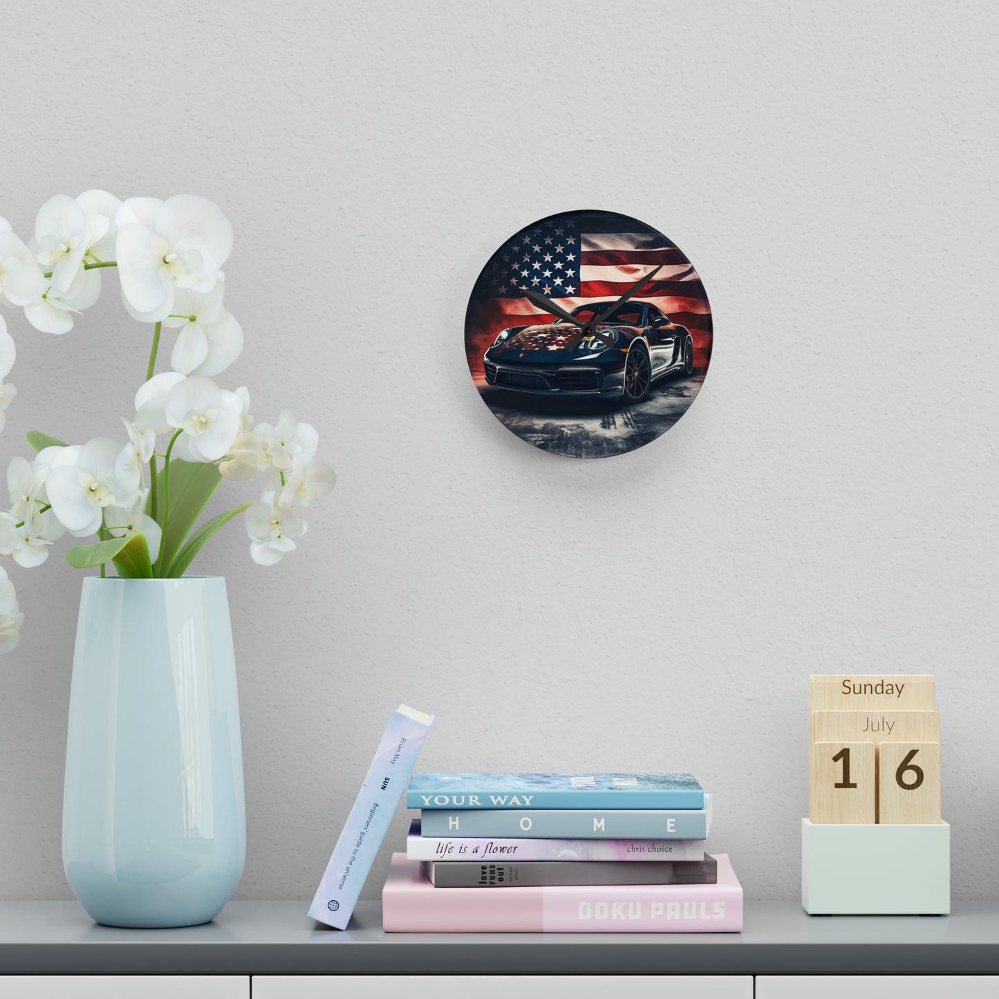 Acrylic Wall Clock Abstract American Flag Background Porsche 2