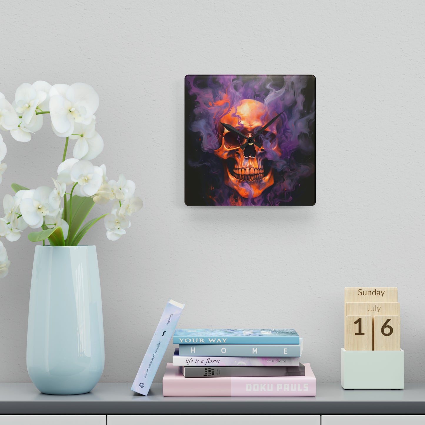 Acrylic Wall Clock Skull Flames 4