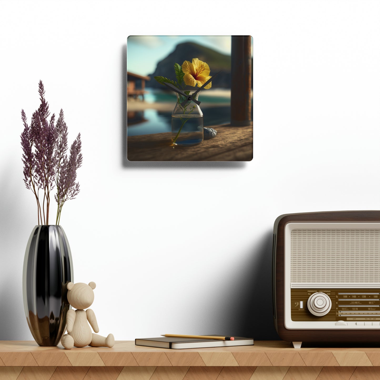 Acrylic Wall Clock Yellow Hibiscus Wood 4