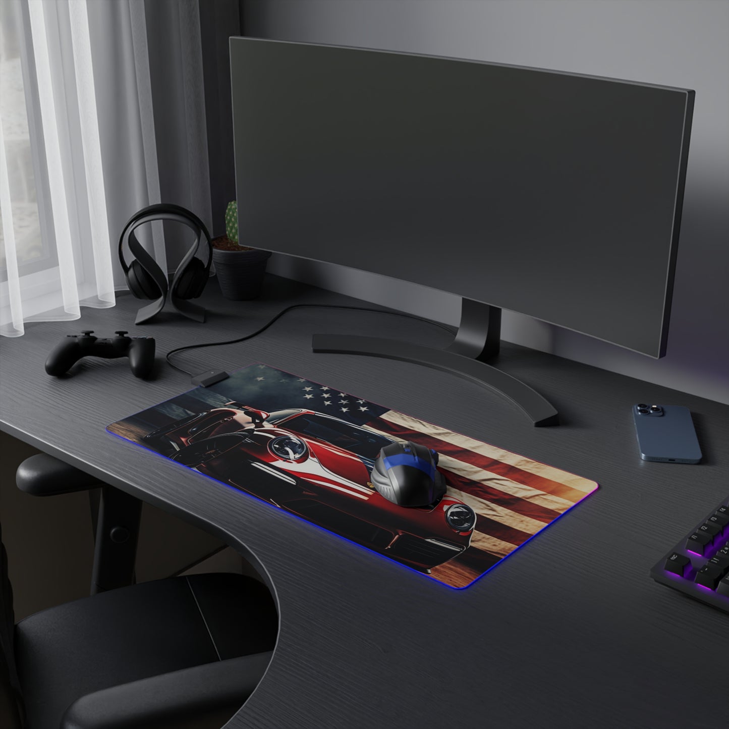 LED Gaming Mouse Pad American Flag Background Porsche 2