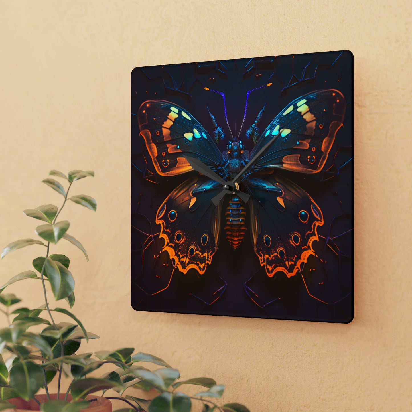 Acrylic Wall Clock Neon Hue Butterfly 2