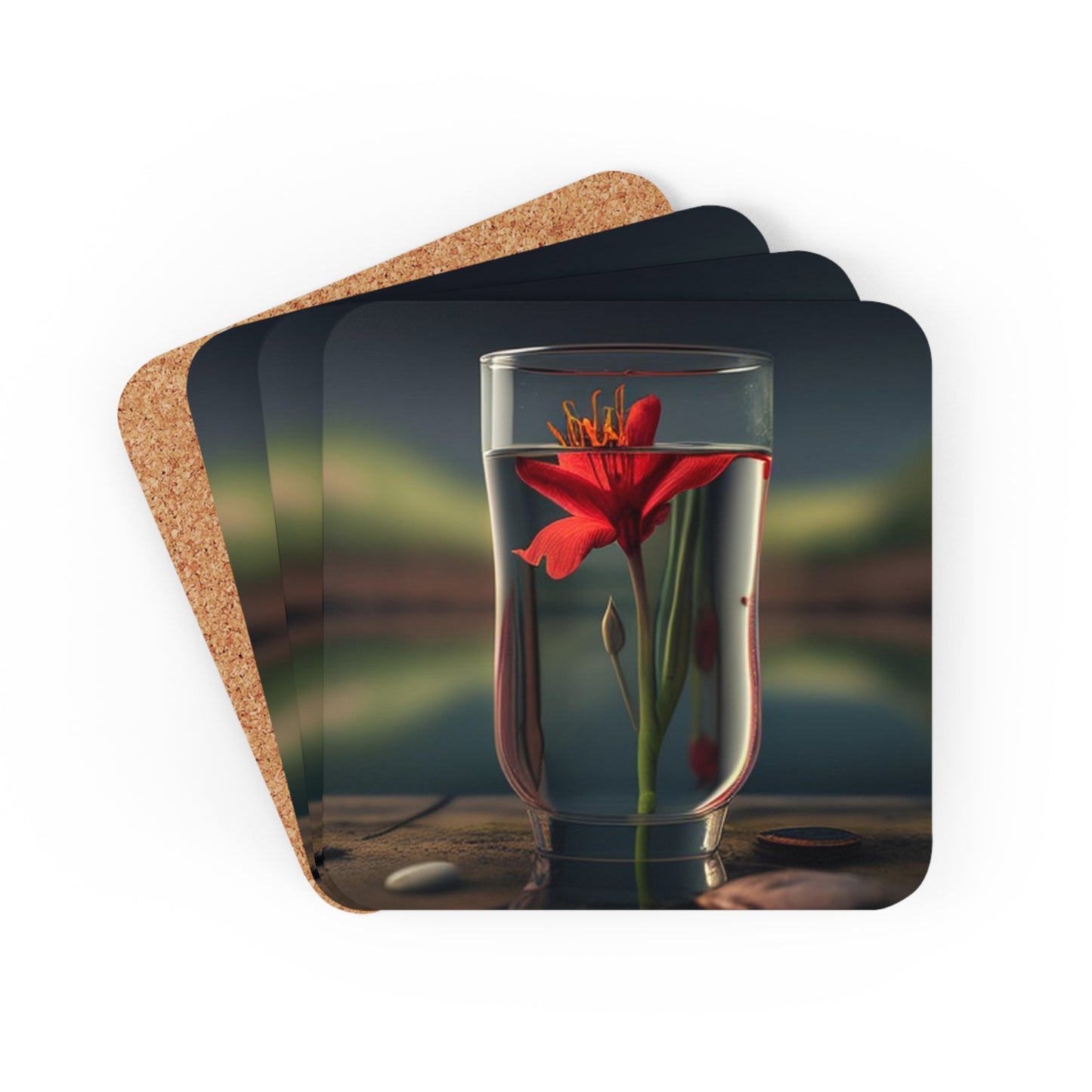 Corkwood Coaster Set Red Lily in a Glass vase 1